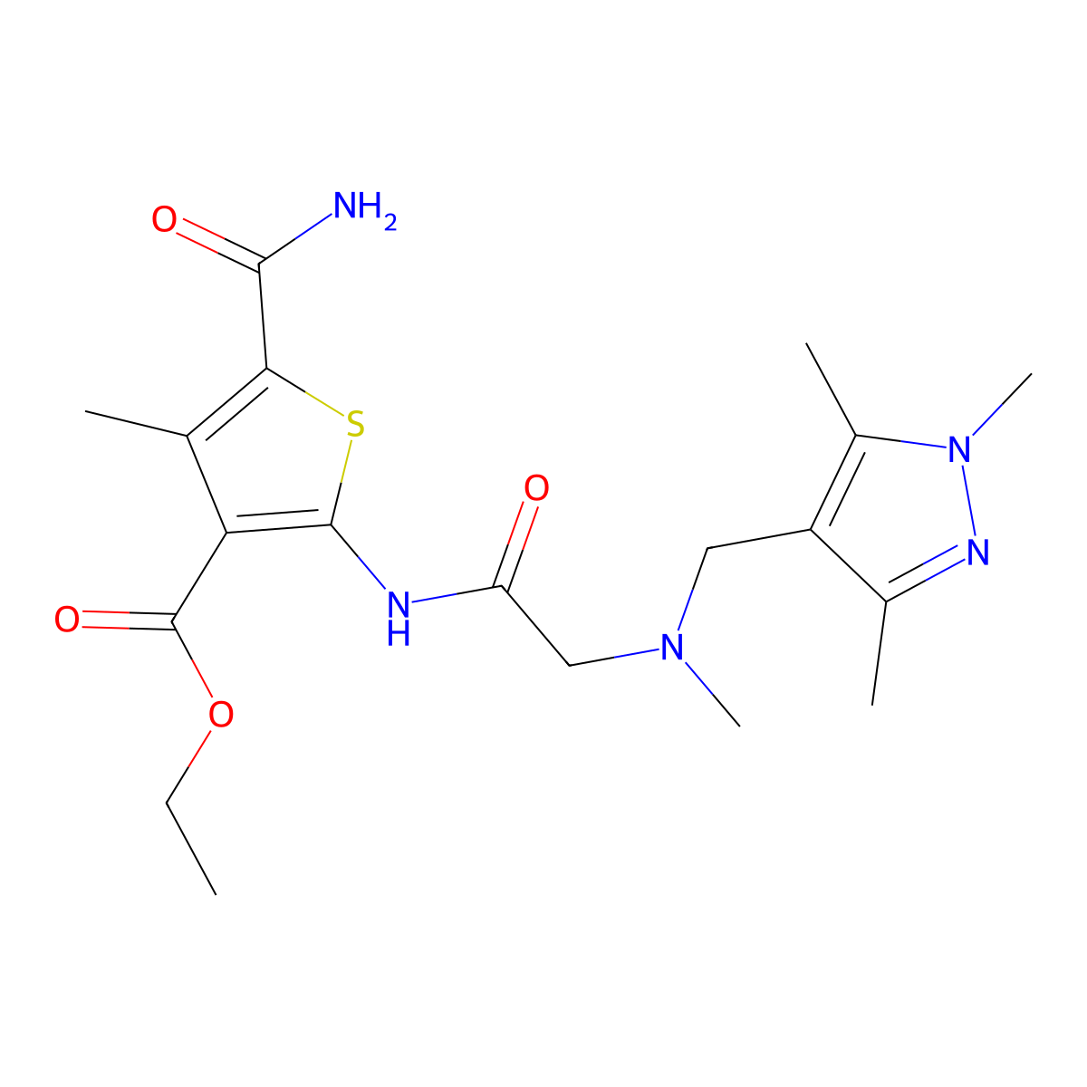 ethyl 5-carbamoyl-4-methyl-2-({N-methyl-N-[(1,3,5-trimethyl-1H-pyrazol-4-yl)methyl]glycyl}amino)thiophene-3-carboxylate molecular structure, CAS 1006229-54-4