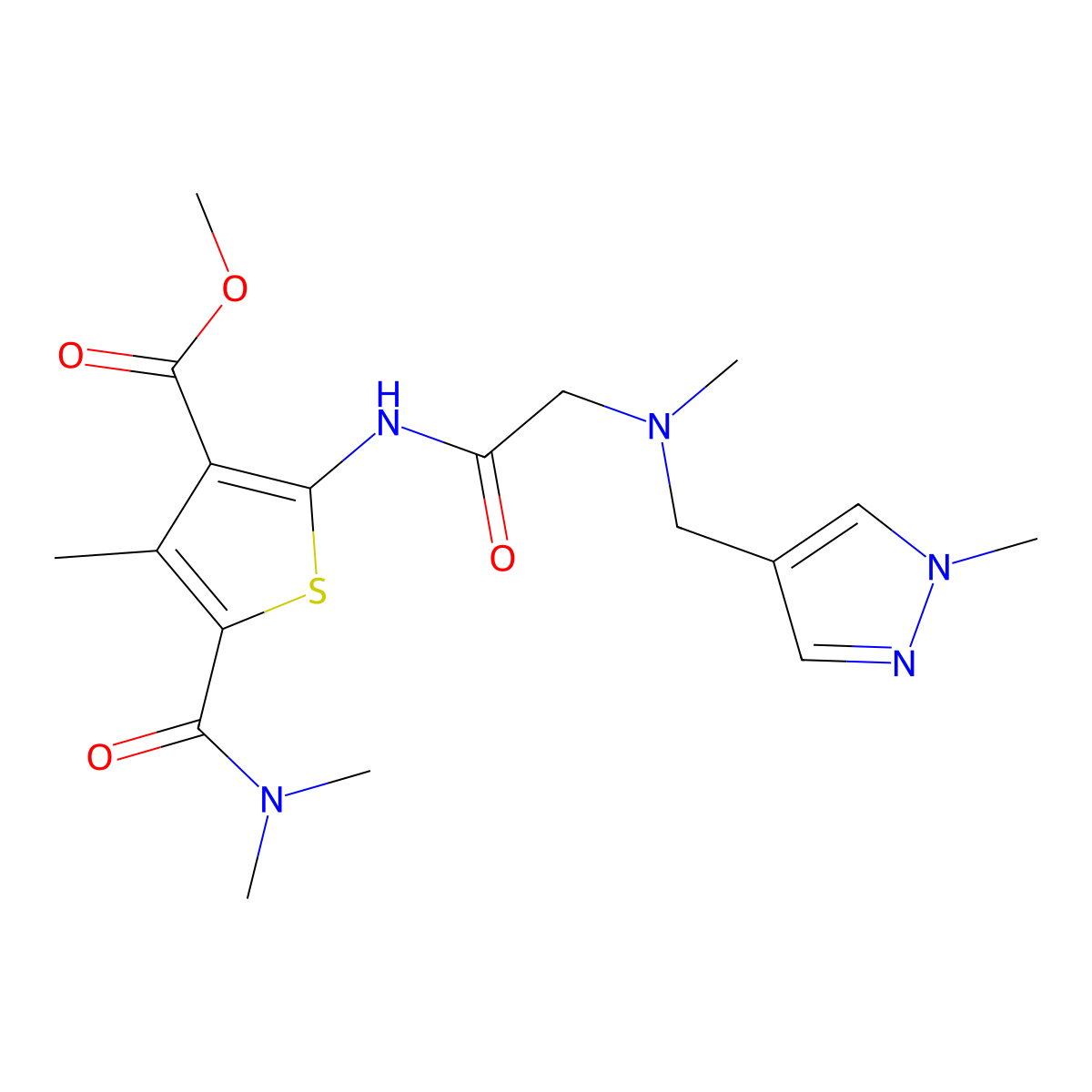 methyl 5-(dimethylcarbamoyl)-4-methyl-2-({N-methyl-N-[(1-methyl-1H-pyrazol-4-yl)methyl]glycyl}amino)thiophene-3-carboxylate molecular structure, CAS 1006229-78-2