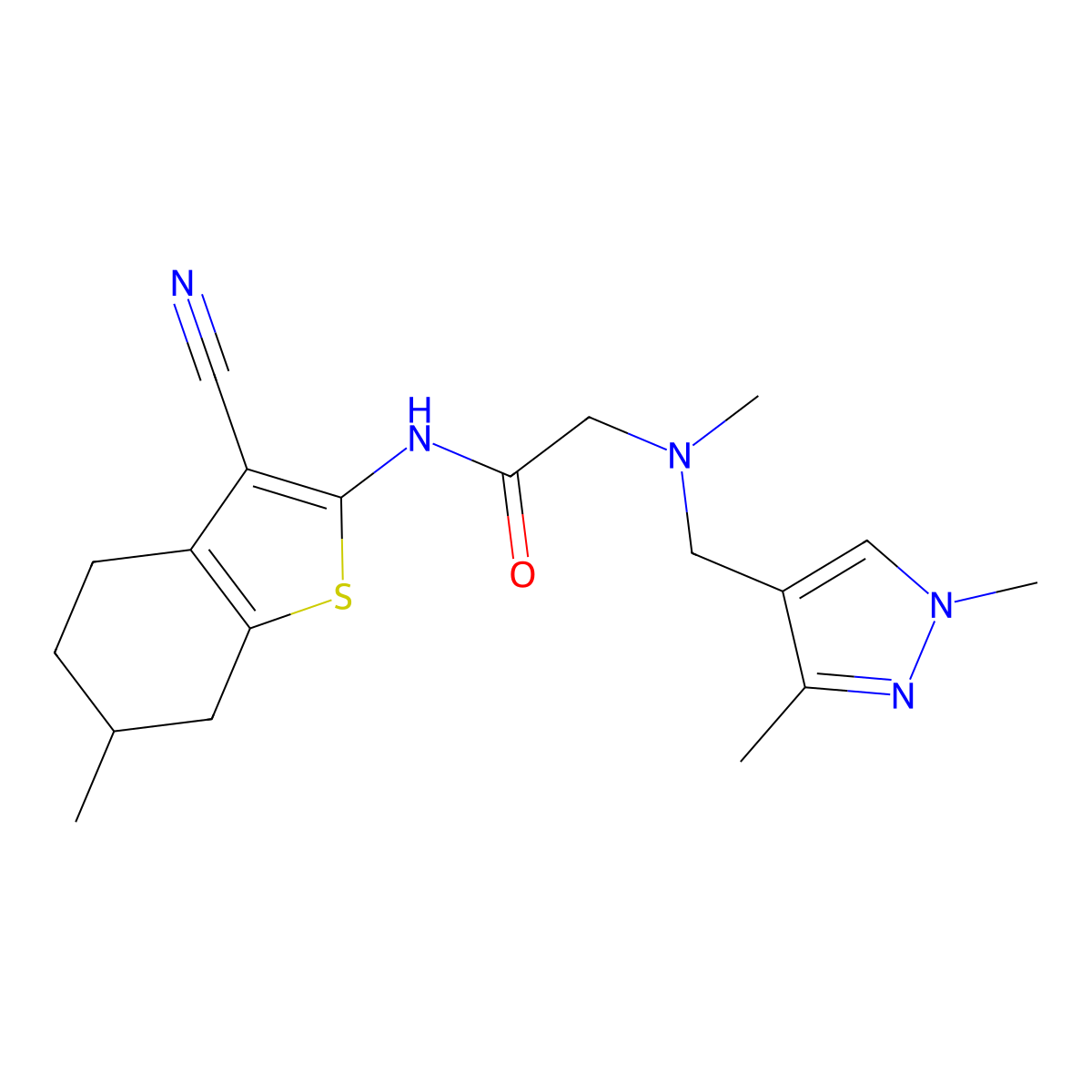 N-(3-Cyano-6-methyl-4,5,6,7-tetrahydrobenzo[b]thiophen-2-yl)-2-(((1,3-dimethyl-1H-pyrazol-4-yl)methyl)(methyl)amino)acetamide molecular structure, CAS 1006235-23-9