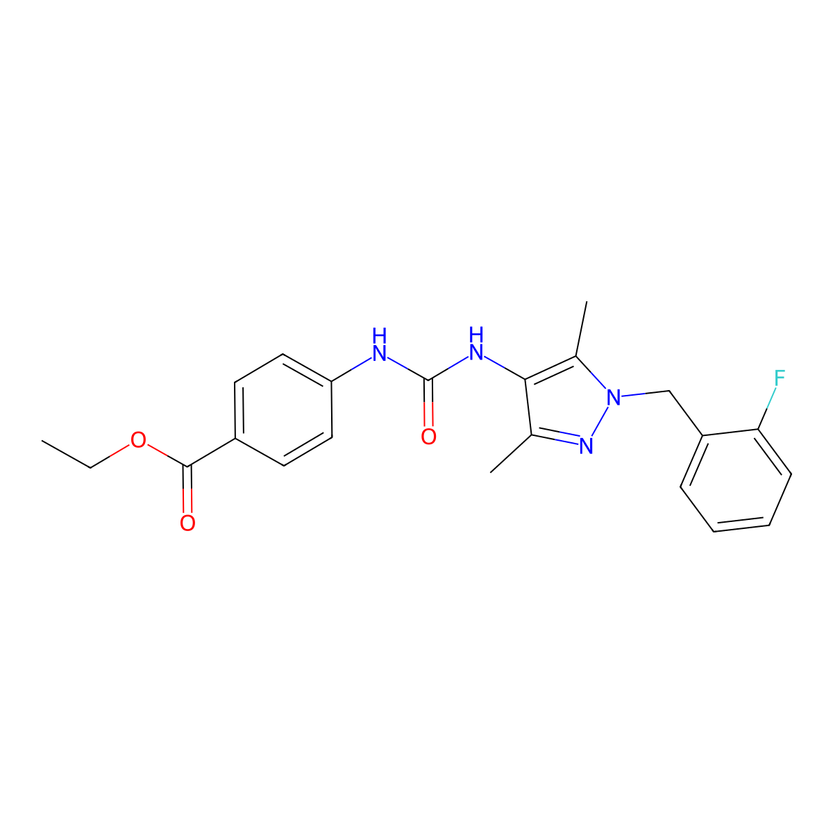 ethyl 4-({[1-(2-fluorobenzyl)-3,5-dimethyl-1H-pyrazol-4-yl]carbamoyl}amino)benzoate molecular structure, CAS 1006256-55-8
