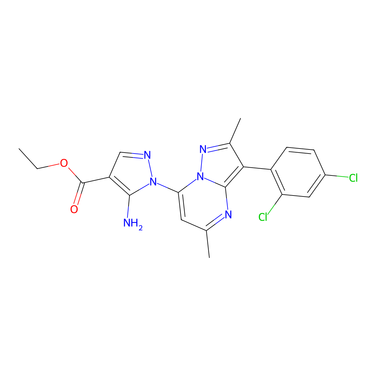 ethyl 5-amino-1-[3-(2,4-dichlorophenyl)-2,5-dimethylpyrazolo[1,5-a]pyrimidin-7-yl]-1H-pyrazole-4-carboxylate molecular structure, CAS 1006268-06-9