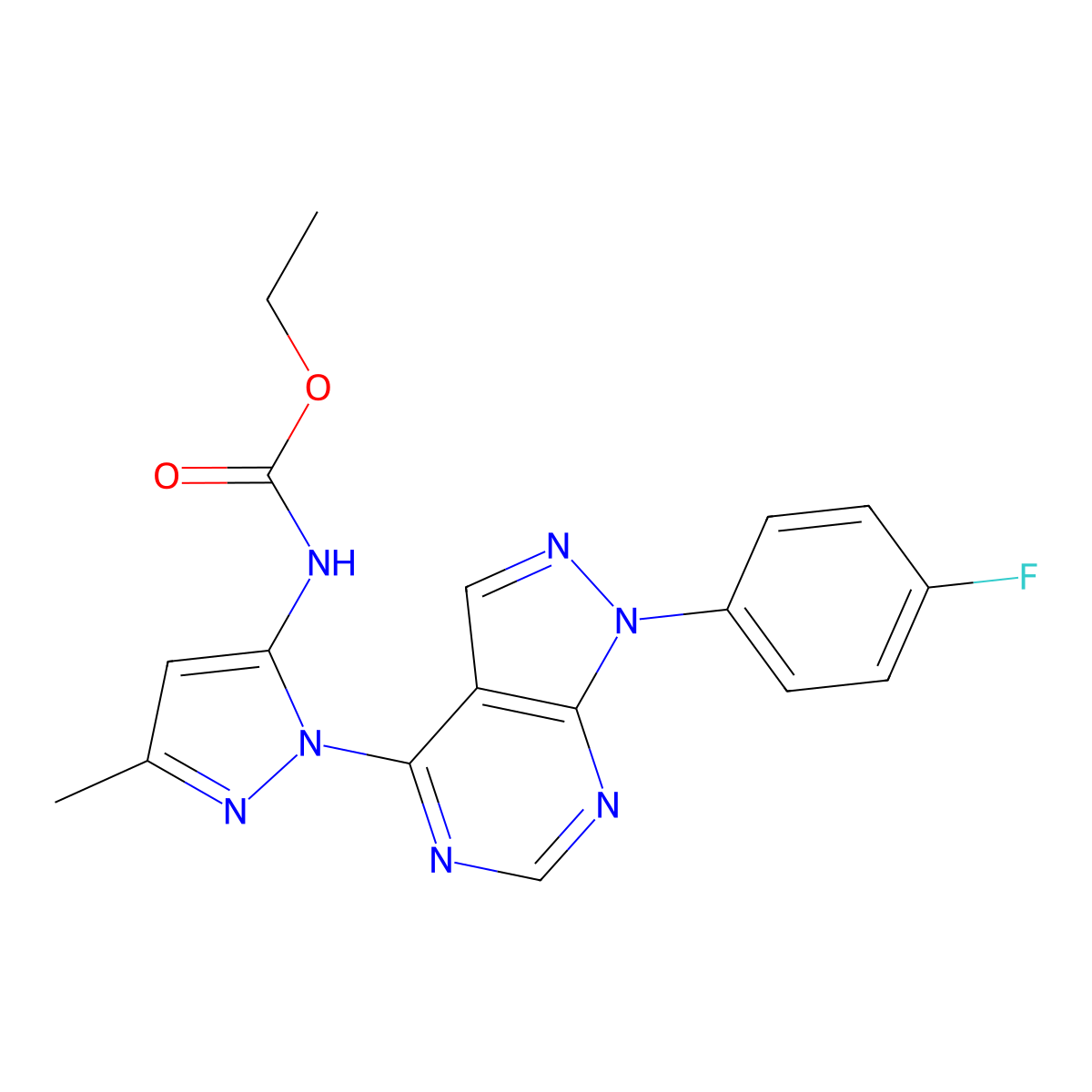 ethyl (1-(1-(4-fluorophenyl)-1H-pyrazolo[3,4-d]pyrimidin-4-yl)-3-methyl-1H-pyrazol-5-yl)carbamate molecular structure, CAS 1006274-61-8