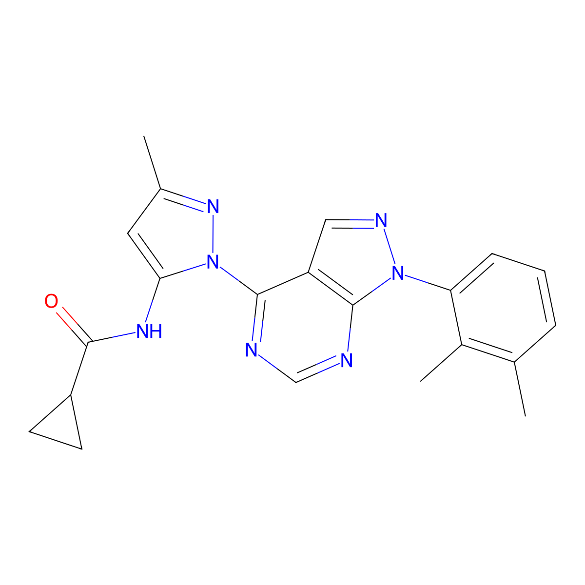 N-{1-[1-(2,3-dimethylphenyl)-1H-pyrazolo[3,4-d]pyrimidin-4-yl]-3-methyl-1H-pyrazol-5-yl}cyclopropanecarboxamide molecular structure, CAS 1006274-73-2