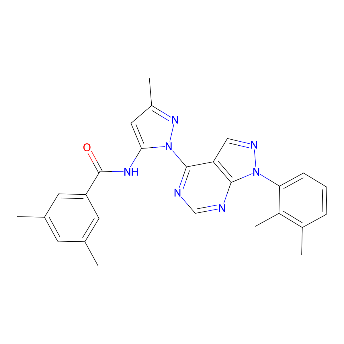 N-{1-[1-(2,3-dimethylphenyl)-1H-pyrazolo[3,4-d]pyrimidin-4-yl]-3-methyl-1H-pyrazol-5-yl}-3,5-dimethylbenzamide molecular structure, CAS 1006274-93-6