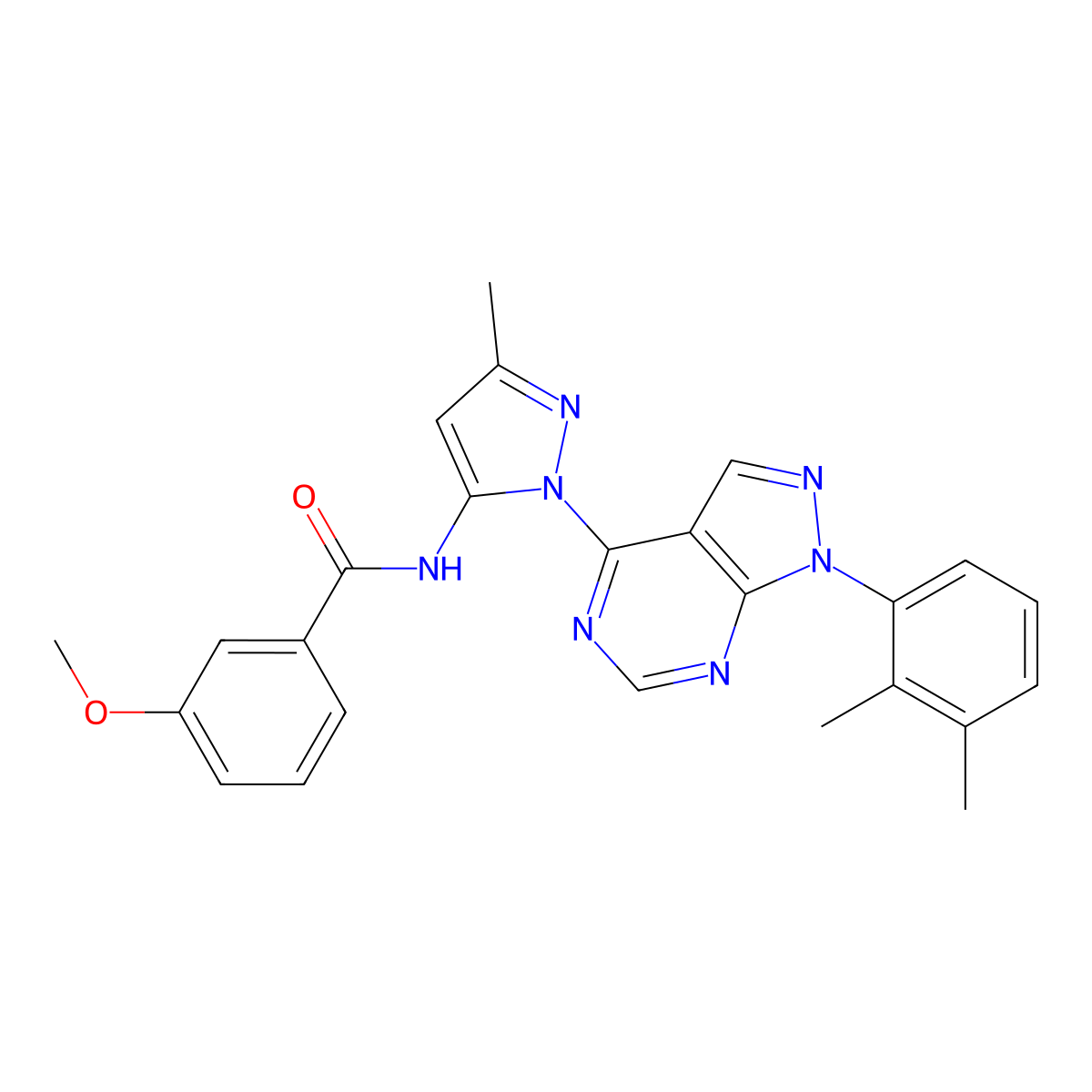 N-{1-[1-(2,3-dimethylphenyl)-1H-pyrazolo[3,4-d]pyrimidin-4-yl]-3-methyl-1H-pyrazol-5-yl}-3-methoxybenzamide molecular structure, CAS 1006274-97-0