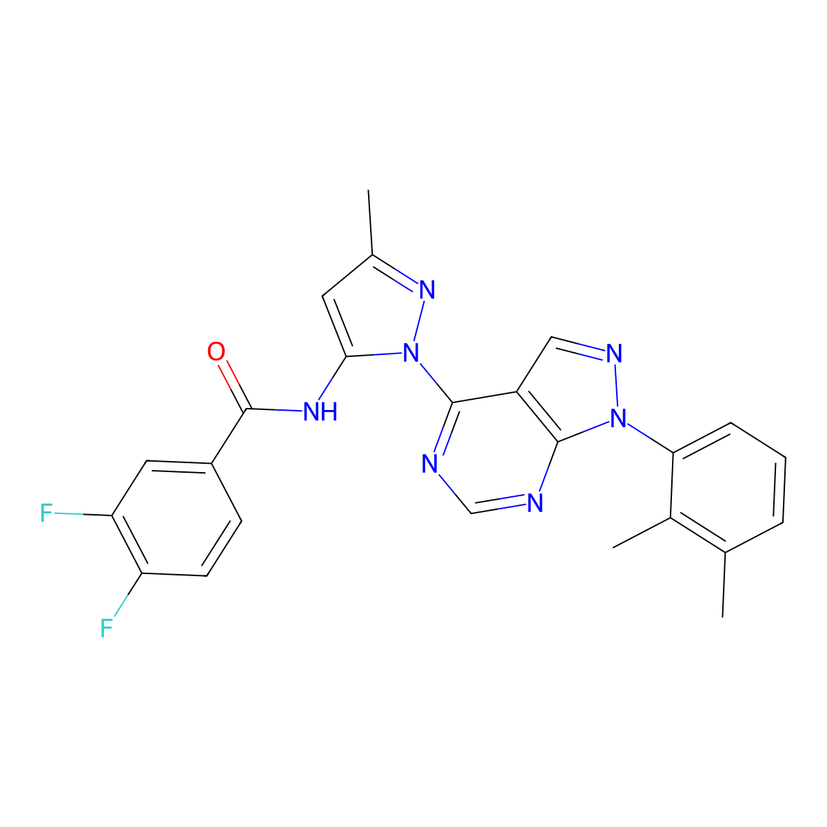 N-{1-[1-(2,3-dimethylphenyl)-1H-pyrazolo[3,4-d]pyrimidin-4-yl]-3-methyl-1H-pyrazol-5-yl}-3,4-difluorobenzamide molecular structure, CAS 1006275-20-2