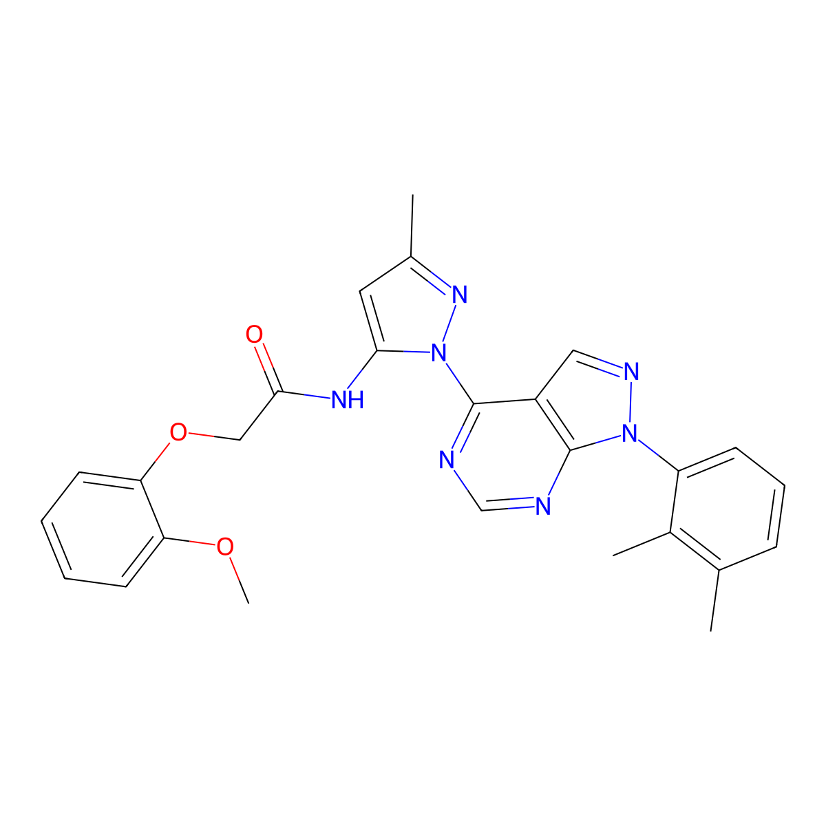 N-{1-[1-(2,3-dimethylphenyl)-1H-pyrazolo[3,4-d]pyrimidin-4-yl]-3-methyl-1H-pyrazol-5-yl}-2-(2-methoxyphenoxy)acetamide molecular structure, CAS 1006275-35-9