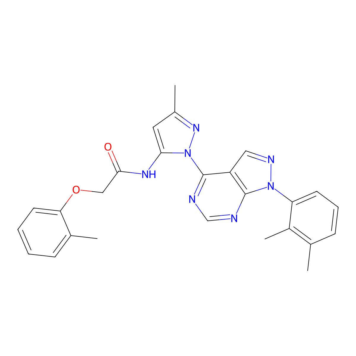 N-{1-[1-(2,3-dimethylphenyl)-1H-pyrazolo[3,4-d]pyrimidin-4-yl]-3-methyl-1H-pyrazol-5-yl}-2-(2-methylphenoxy)acetamide molecular structure, CAS 1006275-39-3