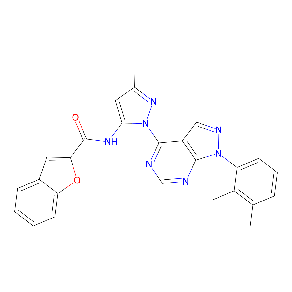 N-{1-[1-(2,3-dimethylphenyl)-1H-pyrazolo[3,4-d]pyrimidin-4-yl]-3-methyl-1H-pyrazol-5-yl}-1-benzofuran-2-carboxamide molecular structure, CAS 1006275-67-7