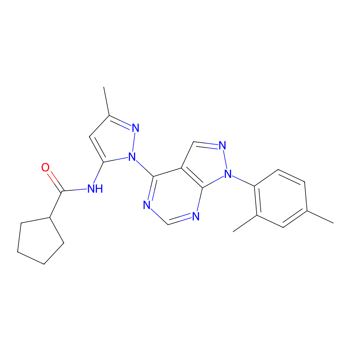 N-(1-(1-(2,4-dimethylphenyl)-1H-pyrazolo[3,4-d]pyrimidin-4-yl)-3-methyl-1H-pyrazol-5-yl)cyclopentanecarboxamide molecular structure, CAS 1006275-95-1