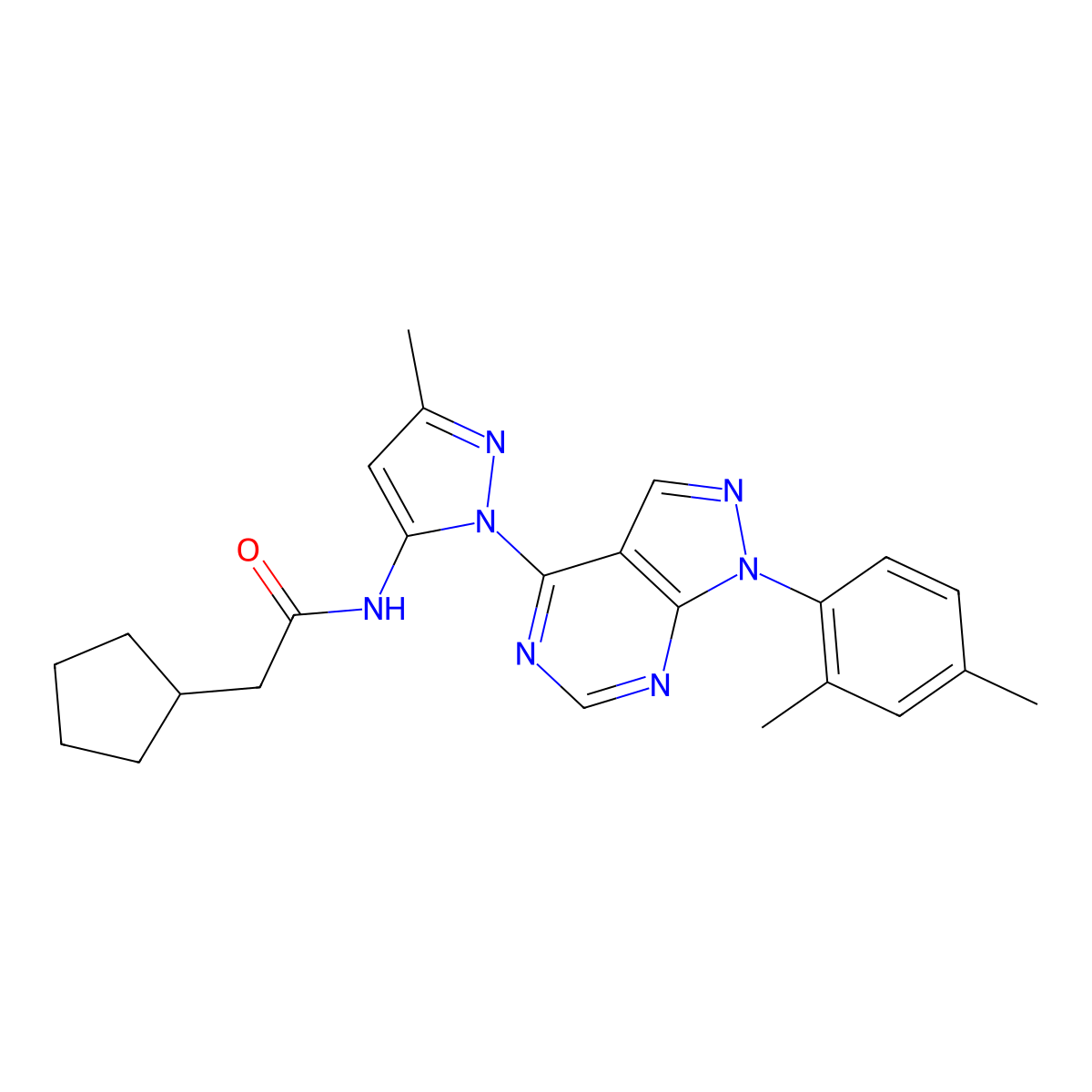 2-cyclopentyl-N-{1-[1-(2,4-dimethylphenyl)-1H-pyrazolo[3,4-d]pyrimidin-4-yl]-3-methyl-1H-pyrazol-5-yl}acetamide molecular structure, CAS 1006275-99-5