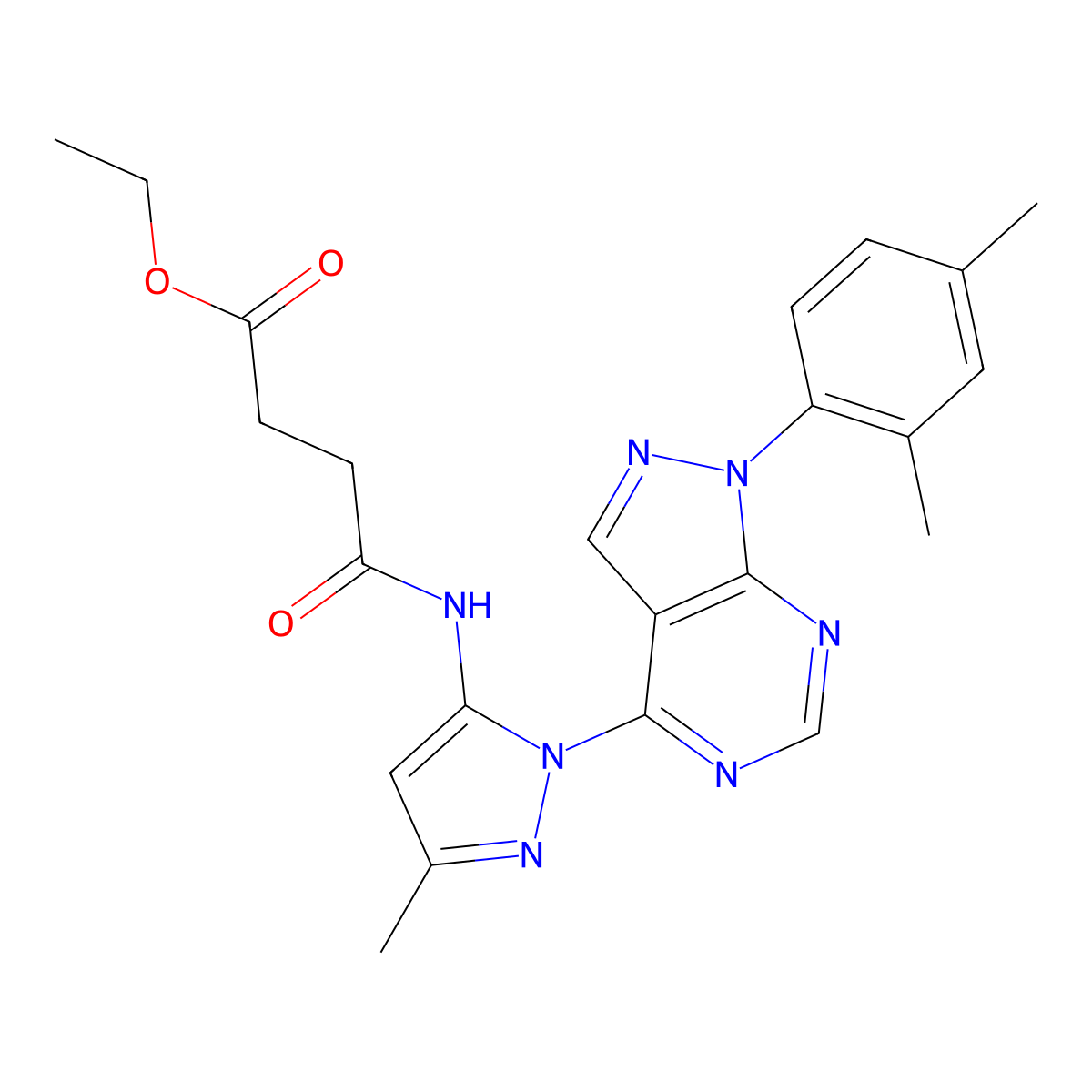 ethyl 4-((1-(1-(2,4-dimethylphenyl)-1H-pyrazolo[3,4-d]pyrimidin-4-yl)-3-methyl-1H-pyrazol-5-yl)amino)-4-oxobutanoate molecular structure, CAS 1006276-07-8