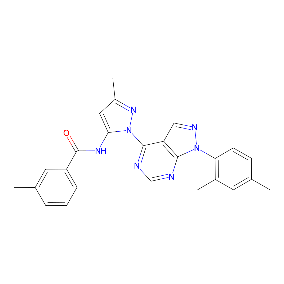 N-{1-[1-(2,4-dimethylphenyl)-1H-pyrazolo[3,4-d]pyrimidin-4-yl]-3-methyl-1H-pyrazol-5-yl}-3-methylbenzamide molecular structure, CAS 1006276-15-8