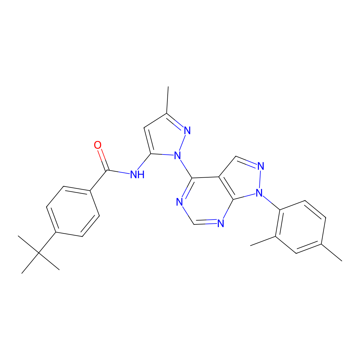 4-tert-butyl-N-{1-[1-(2,4-dimethylphenyl)-1H-pyrazolo[3,4-d]pyrimidin-4-yl]-3-methyl-1H-pyrazol-5-yl}benzamide molecular structure, CAS 1006276-19-2