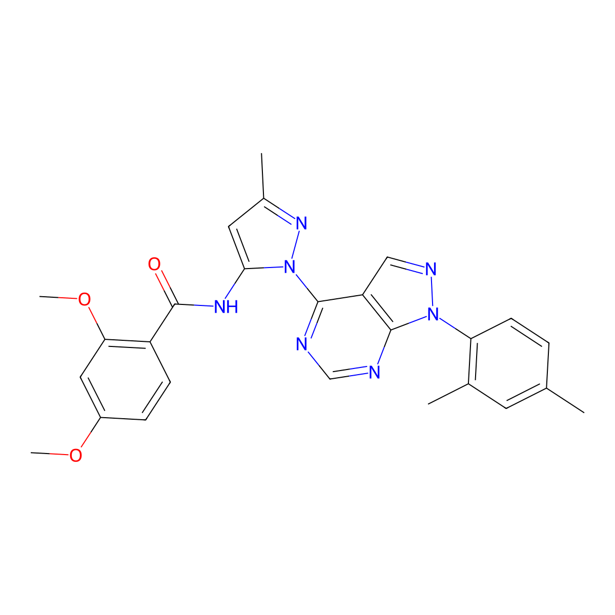 N-{1-[1-(2,4-dimethylphenyl)-1H-pyrazolo[3,4-d]pyrimidin-4-yl]-3-methyl-1H-pyrazol-5-yl}-2,4-dimethoxybenzamide molecular structure, CAS 1006276-27-2