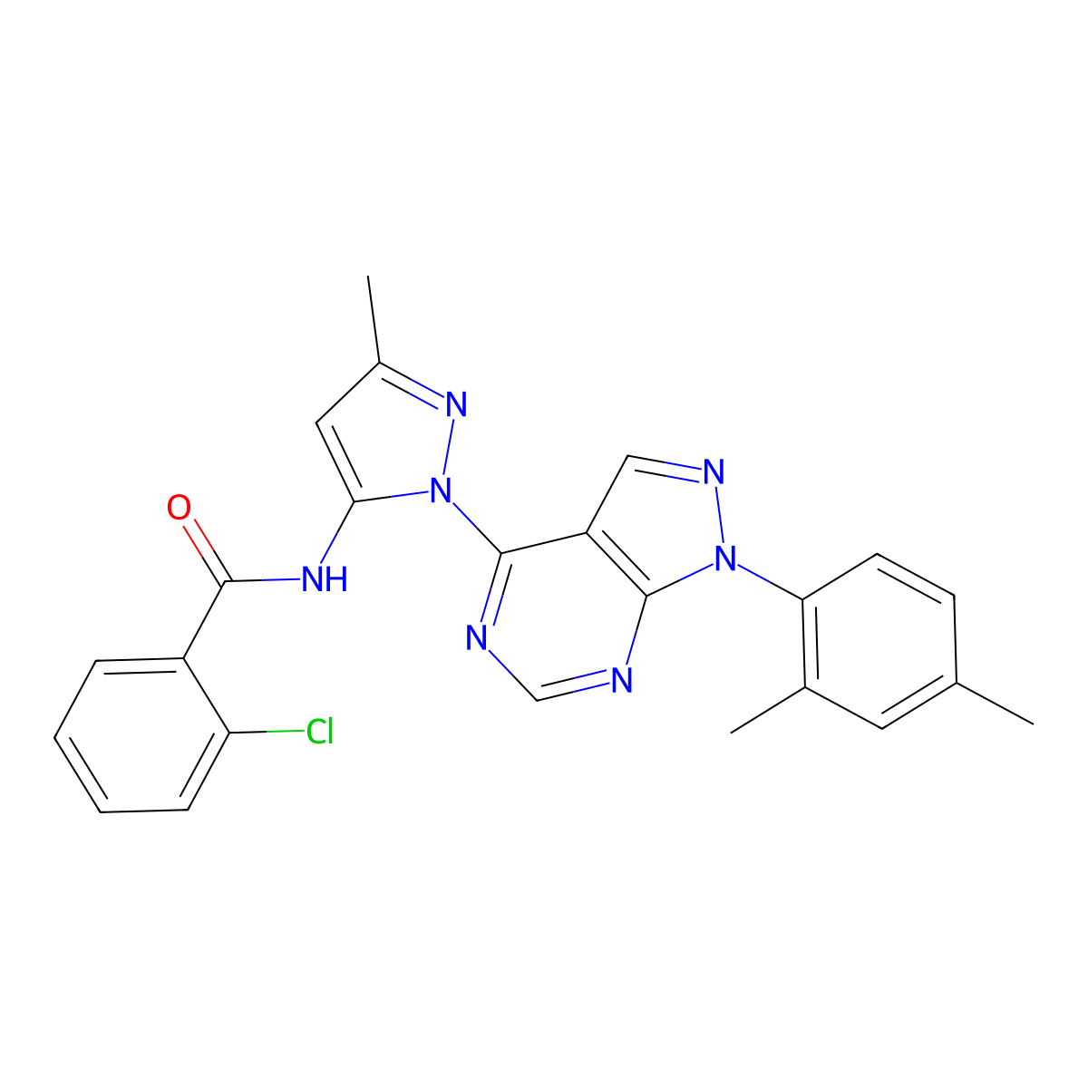 2-chloro-N-{1-[1-(2,4-dimethylphenyl)-1H-pyrazolo[3,4-d]pyrimidin-4-yl]-3-methyl-1H-pyrazol-5-yl}benzamide molecular structure, CAS 1006276-34-1