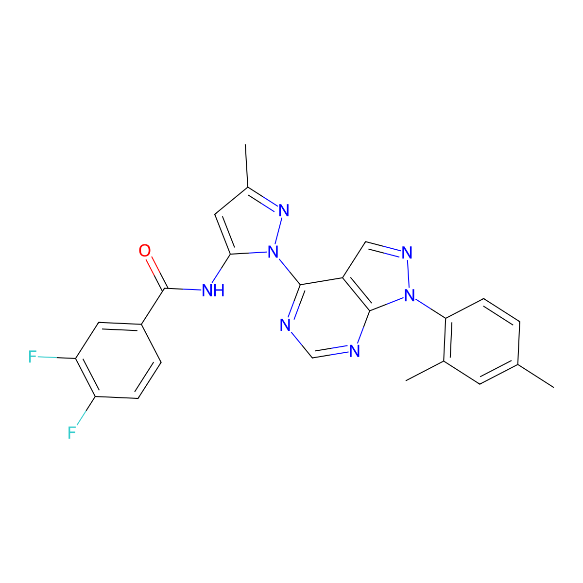 N-{1-[1-(2,4-dimethylphenyl)-1H-pyrazolo[3,4-d]pyrimidin-4-yl]-3-methyl-1H-pyrazol-5-yl}-3,4-difluorobenzamide molecular structure, CAS 1006276-40-9