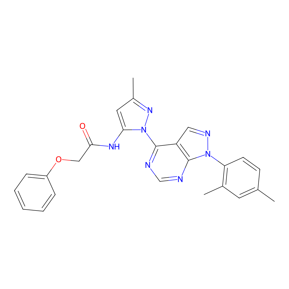 N-{1-[1-(2,4-dimethylphenyl)-1H-pyrazolo[3,4-d]pyrimidin-4-yl]-3-methyl-1H-pyrazol-5-yl}-2-phenoxyacetamide molecular structure, CAS 1006276-53-4