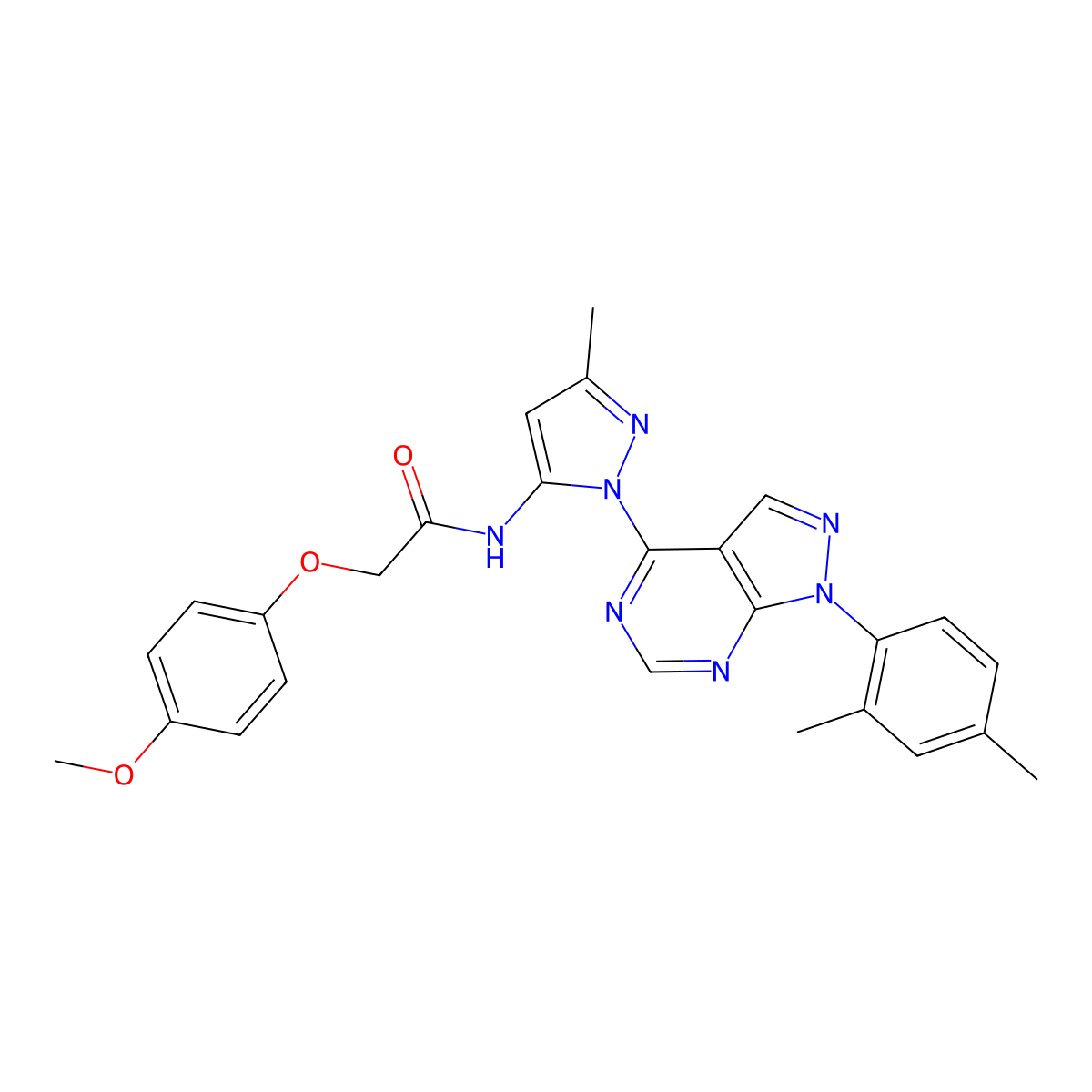 N-{1-[1-(2,4-dimethylphenyl)-1H-pyrazolo[3,4-d]pyrimidin-4-yl]-3-methyl-1H-pyrazol-5-yl}-2-(4-methoxyphenoxy)acetamide molecular structure, CAS 1006276-61-4