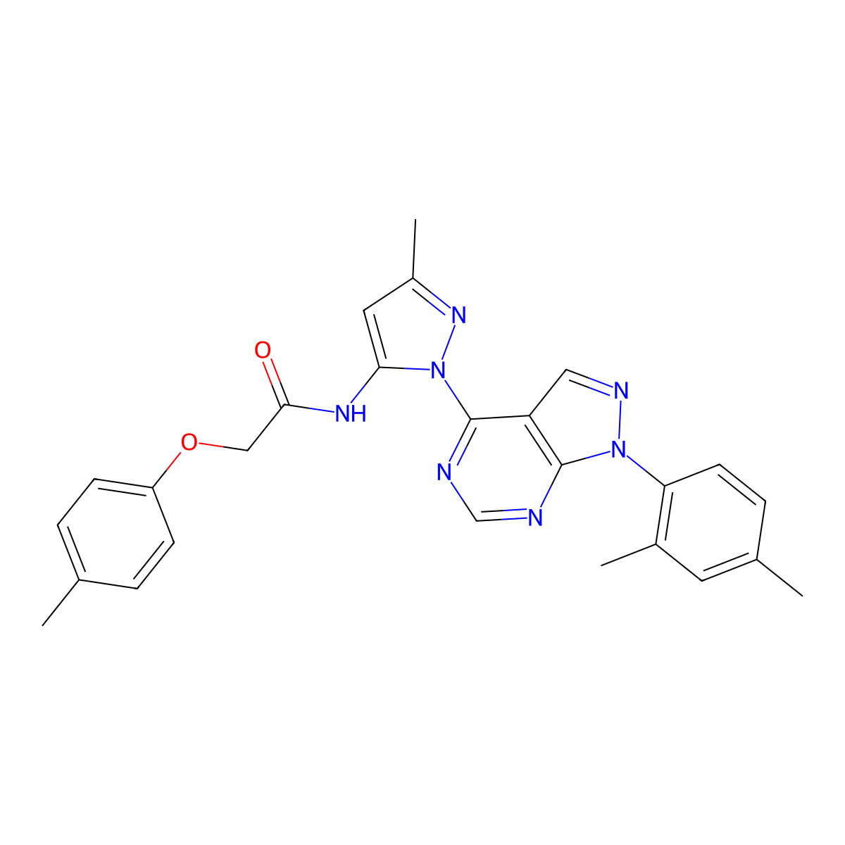 N-{1-[1-(2,4-dimethylphenyl)-1H-pyrazolo[3,4-d]pyrimidin-4-yl]-3-methyl-1H-pyrazol-5-yl}-2-(4-methylphenoxy)acetamide molecular structure, CAS 1006276-65-8
