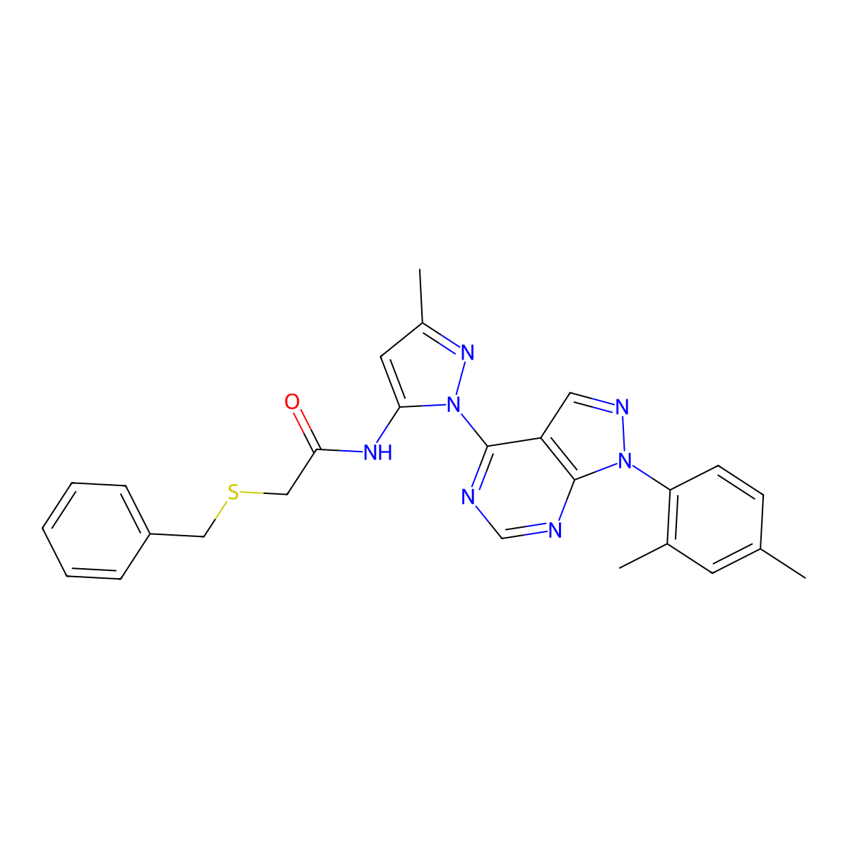 2-(benzylsulfanyl)-N-{1-[1-(2,4-dimethylphenyl)-1H-pyrazolo[3,4-d]pyrimidin-4-yl]-3-methyl-1H-pyrazol-5-yl}acetamide molecular structure, CAS 1006276-69-2