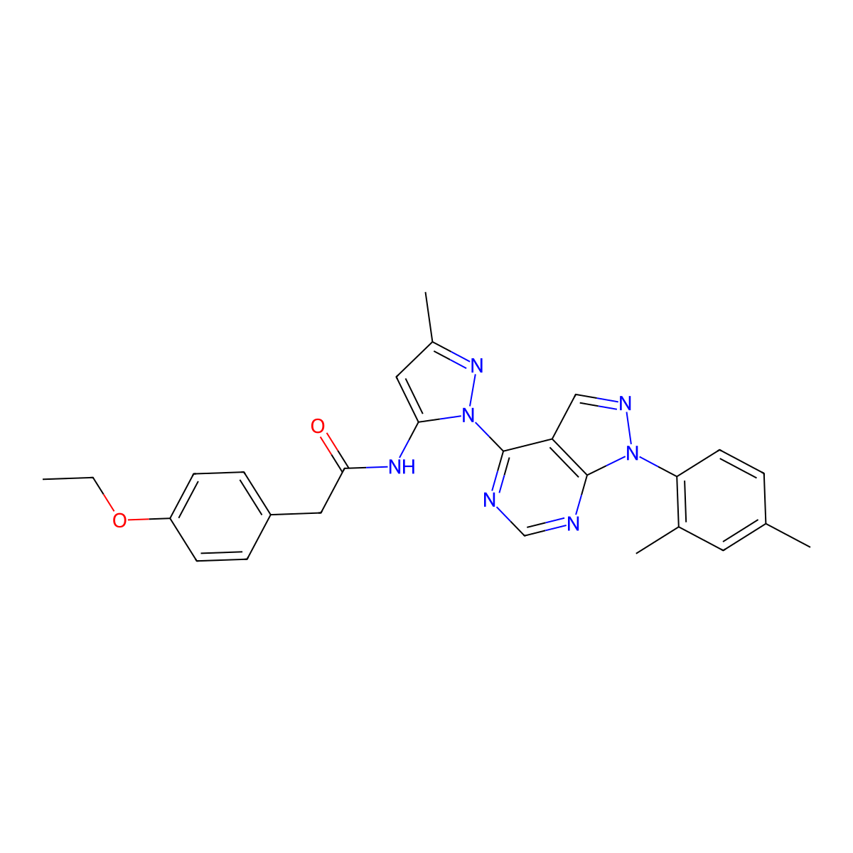 N-{1-[1-(2,4-dimethylphenyl)-1H-pyrazolo[3,4-d]pyrimidin-4-yl]-3-methyl-1H-pyrazol-5-yl}-2-(4-ethoxyphenyl)acetamide molecular structure, CAS 1006276-73-8