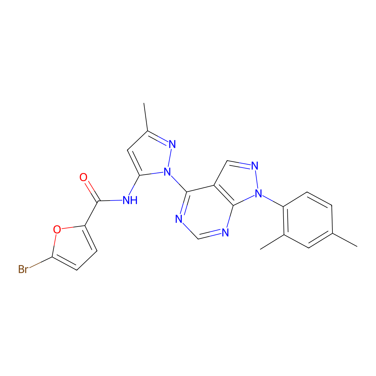 5-bromo-N-{1-[1-(2,4-dimethylphenyl)-1H-pyrazolo[3,4-d]pyrimidin-4-yl]-3-methyl-1H-pyrazol-5-yl}furan-2-carboxamide molecular structure, CAS 1006276-89-6