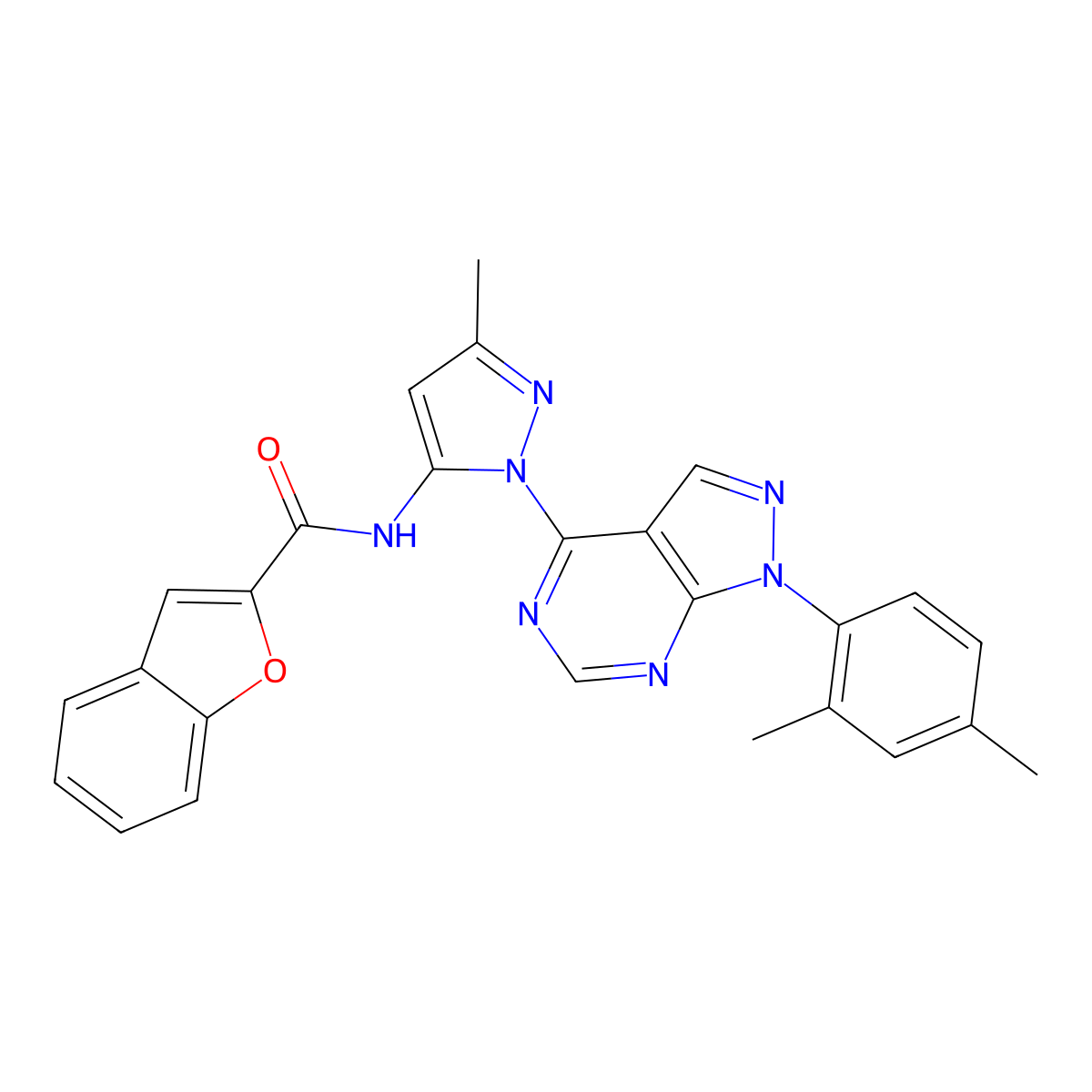 N-(1-(1-(2,4-dimethylphenyl)-1H-pyrazolo[3,4-d]pyrimidin-4-yl)-3-methyl-1H-pyrazol-5-yl)benzofuran-2-carboxamide molecular structure, CAS 1006276-97-6