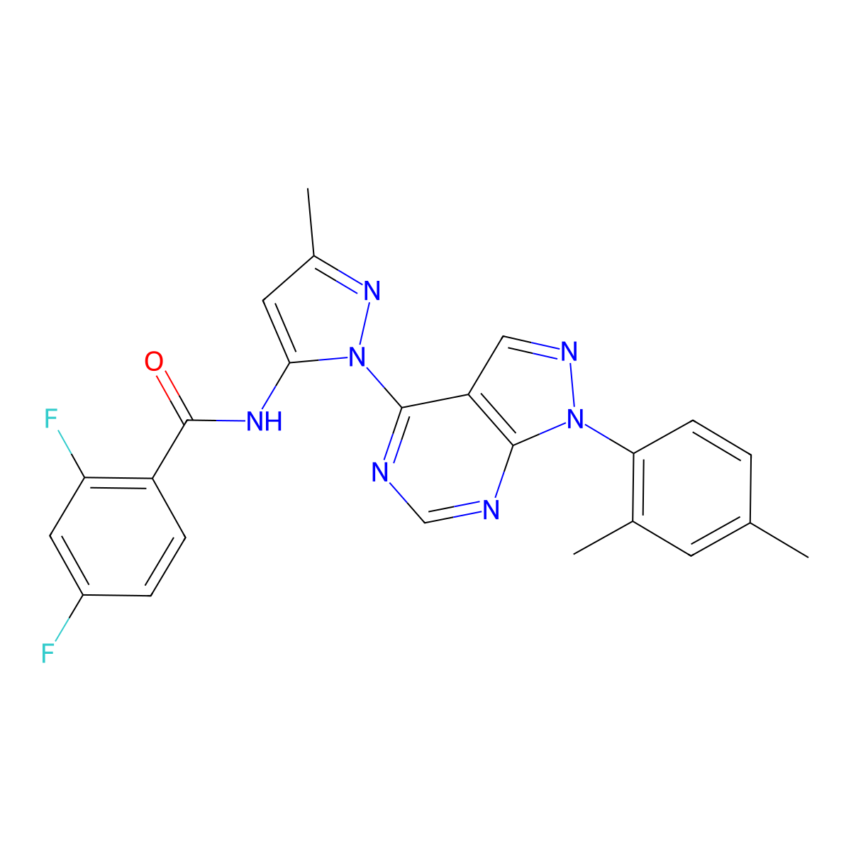 N-{1-[1-(2,4-dimethylphenyl)-1H-pyrazolo[3,4-d]pyrimidin-4-yl]-3-methyl-1H-pyrazol-5-yl}-2,4-difluorobenzamide molecular structure, CAS 1006277-28-6