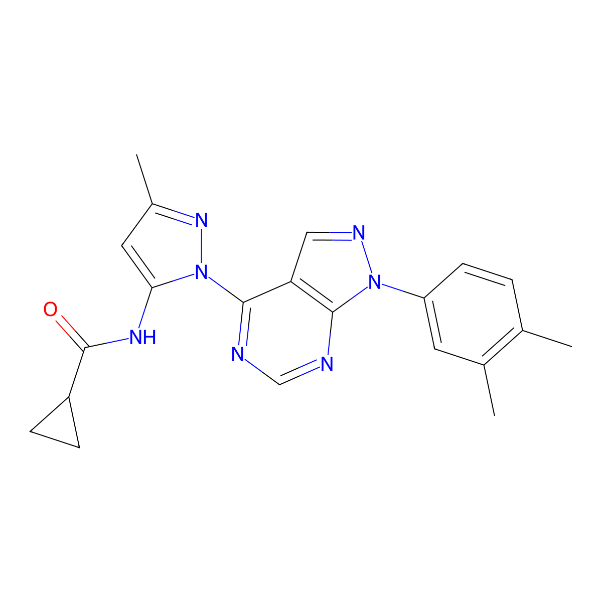 N-(1-(1-(3,4-dimethylphenyl)-1H-pyrazolo[3,4-d]pyrimidin-4-yl)-3-methyl-1H-pyrazol-5-yl)cyclopropanecarboxamide molecular structure, CAS 1006277-37-7