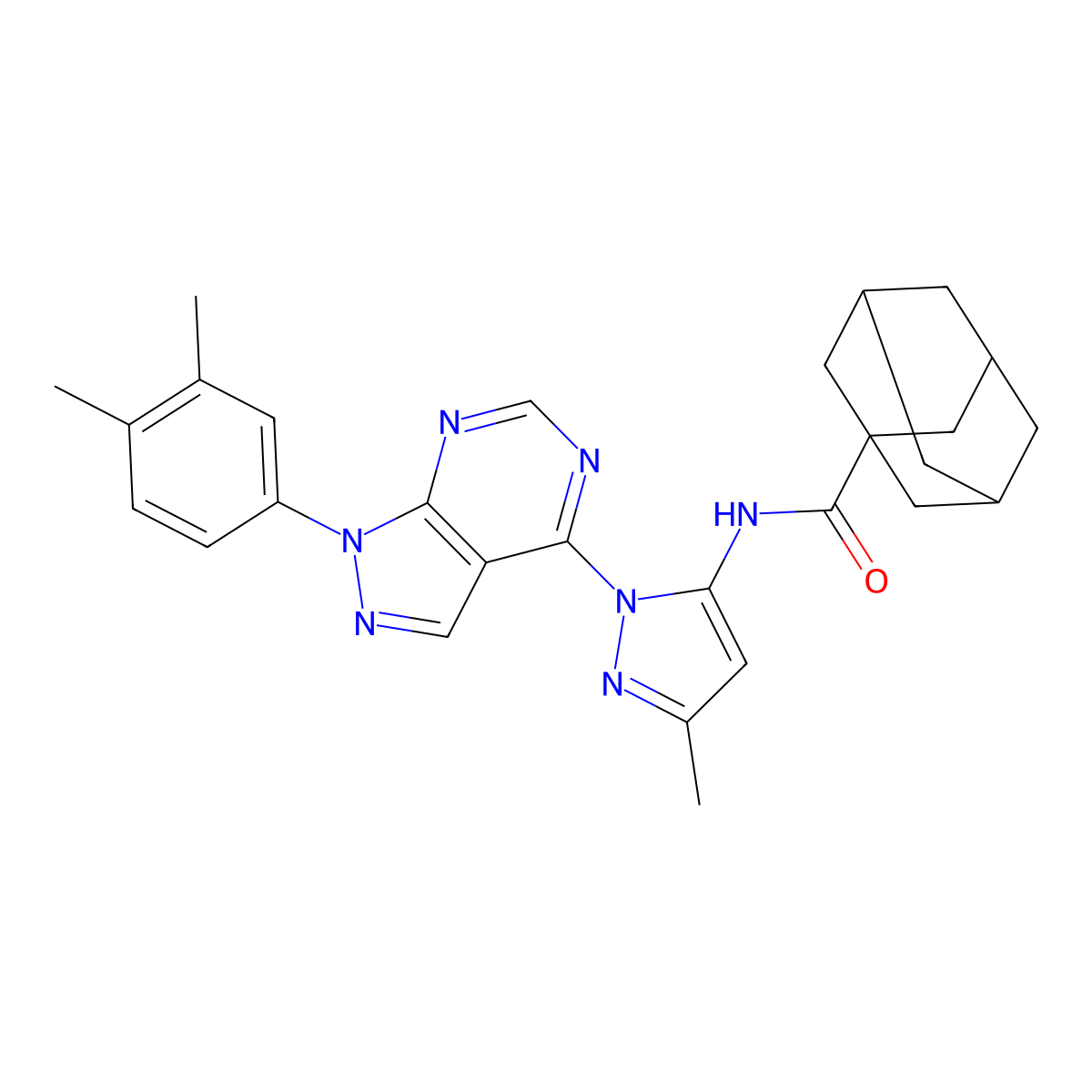 N-{1-[1-(3,4-dimethylphenyl)-1H-pyrazolo[3,4-d]pyrimidin-4-yl]-3-methyl-1H-pyrazol-5-yl}adamantane-1-carboxamide molecular structure, CAS 1006277-43-5