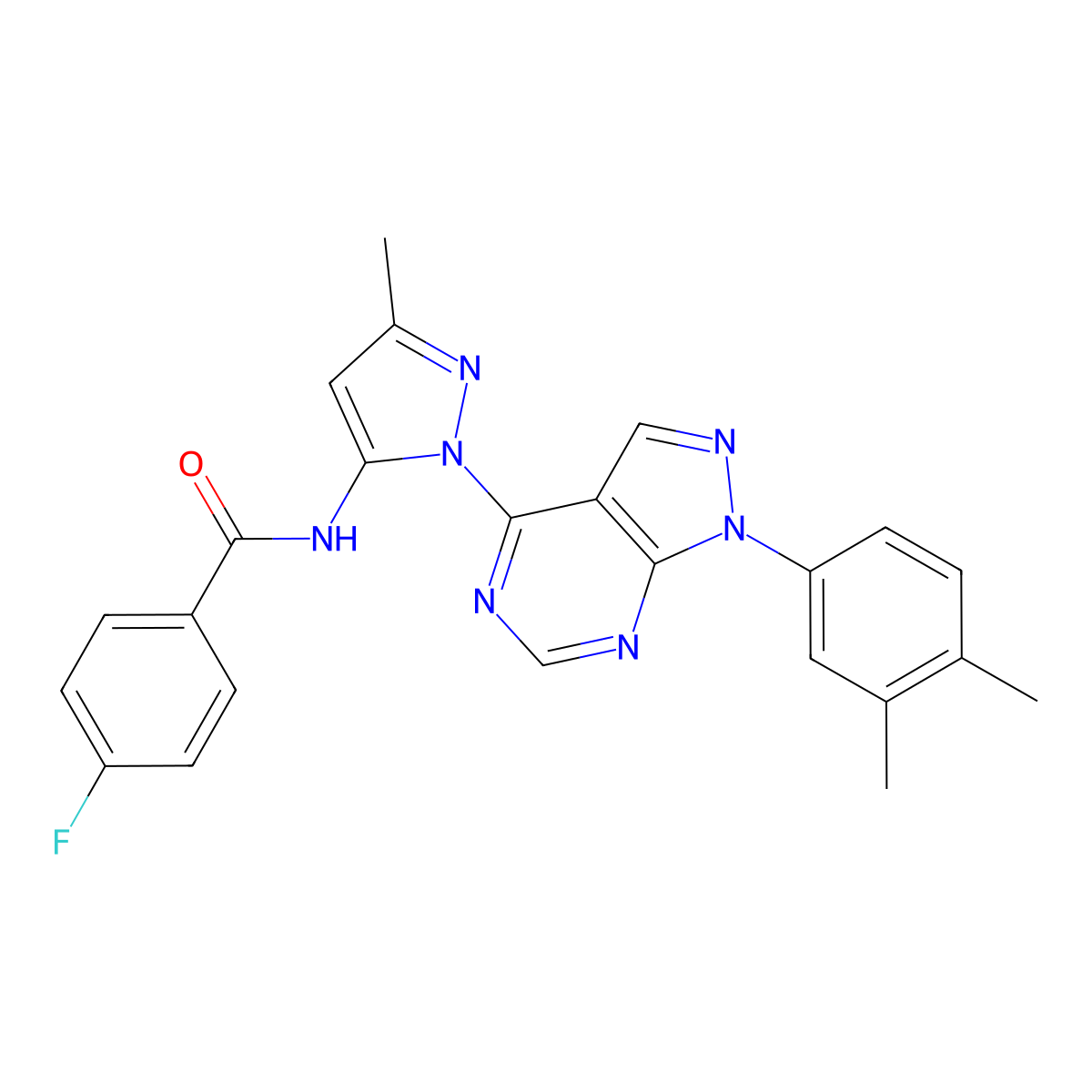 N-(1-(1-(3,4-dimethylphenyl)-1H-pyrazolo[3,4-d]pyrimidin-4-yl)-3-methyl-1H-pyrazol-5-yl)-4-fluorobenzamide molecular structure, CAS 1006277-74-2