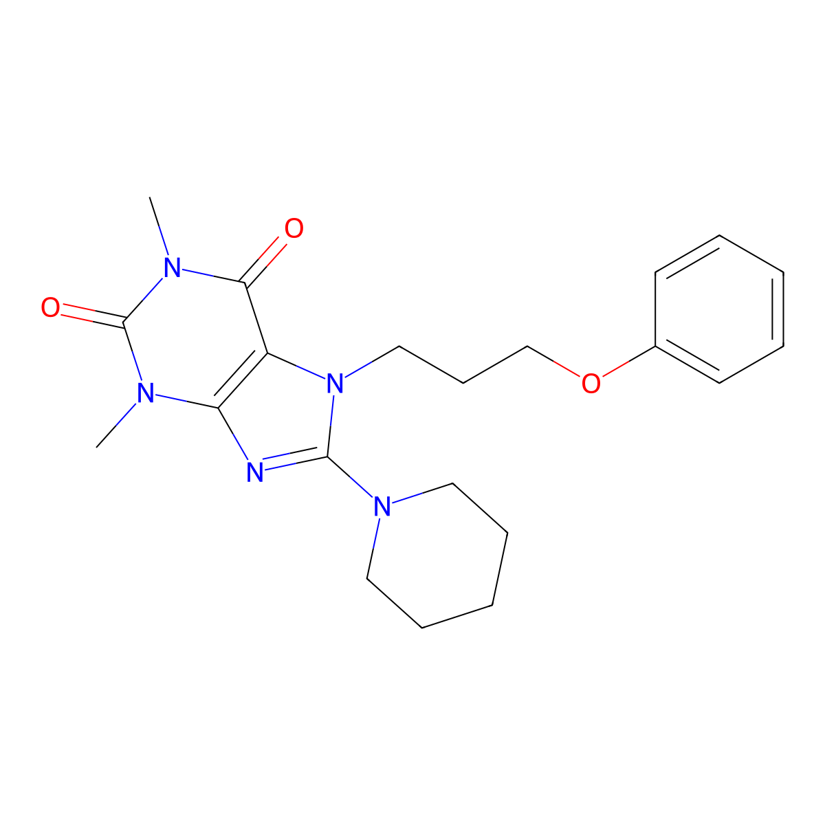 1,3-dimethyl-7-(3-phenoxypropyl)-8-(piperidin-1-yl)-1H-purine-2,6(3H,7H)-dione molecular structure, CAS 100628-62-4