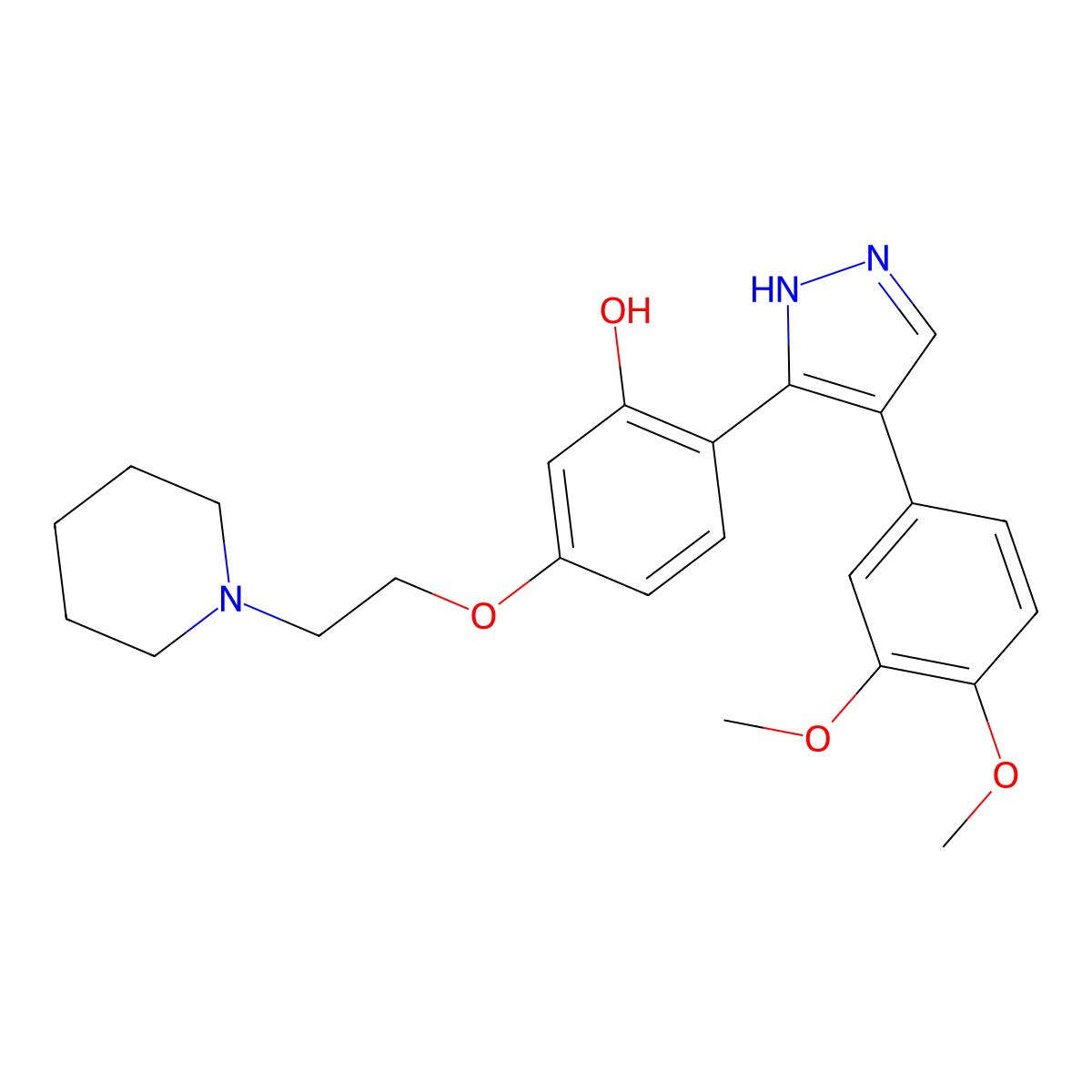 2-(4-(3,4-dimethoxyphenyl)-1H-pyrazol-3-yl)-5-(2-(piperidin-1-yl)ethoxy)phenol molecular structure, CAS 1006290-47-6