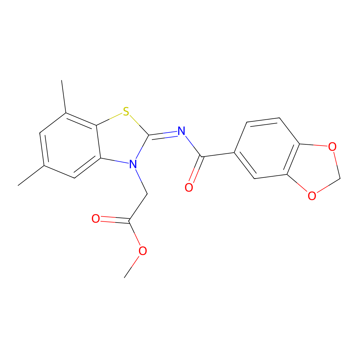(E)-methyl 2-(2-((benzo[d][1,3]dioxole-5-carbonyl)imino)-5,7-dimethylbenzo[d]thiazol-3(2H)-yl)acetate molecular structure, CAS 1006294-75-2