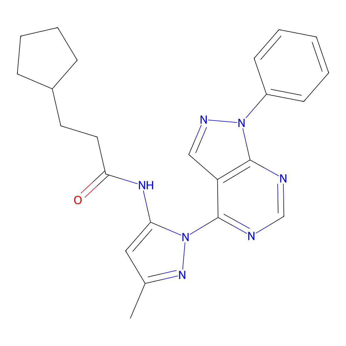 3-cyclopentyl-N-(3-methyl-1-(1-phenyl-1H-pyrazolo[3,4-d]pyrimidin-4-yl)-1H-pyrazol-5-yl)propanamide molecular structure, CAS 1006303-87-2