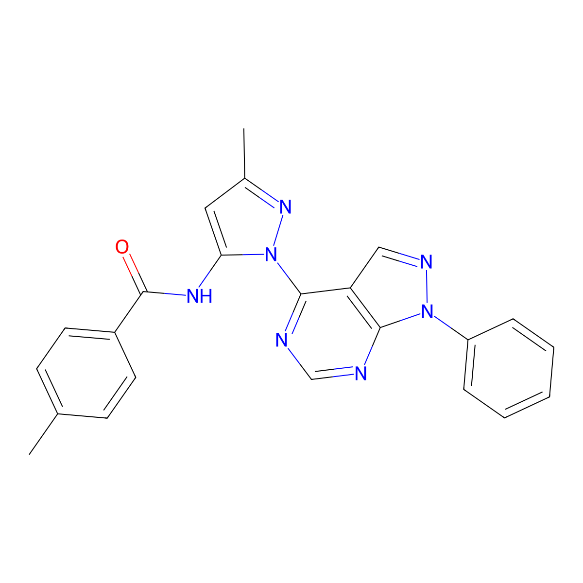4-methyl-N-(3-methyl-1-{1-phenyl-1H-pyrazolo[3,4-d]pyrimidin-4-yl}-1H-pyrazol-5-yl)benzamide molecular structure, CAS 1006303-95-2