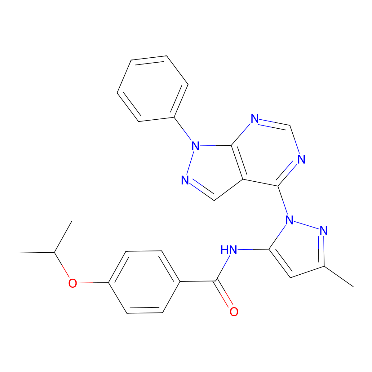 N-(3-methyl-1-{1-phenyl-1H-pyrazolo[3,4-d]pyrimidin-4-yl}-1H-pyrazol-5-yl)-4-(propan-2-yloxy)benzamide molecular structure, CAS 1006303-99-6