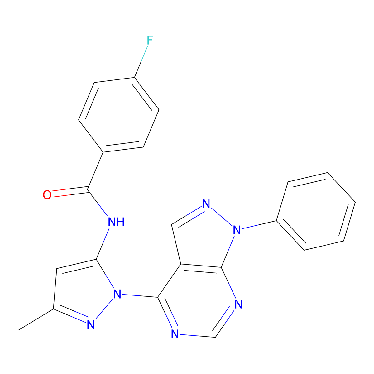 4-fluoro-N-(3-methyl-1-{1-phenyl-1H-pyrazolo[3,4-d]pyrimidin-4-yl}-1H-pyrazol-5-yl)benzamide molecular structure, CAS 1006304-06-8