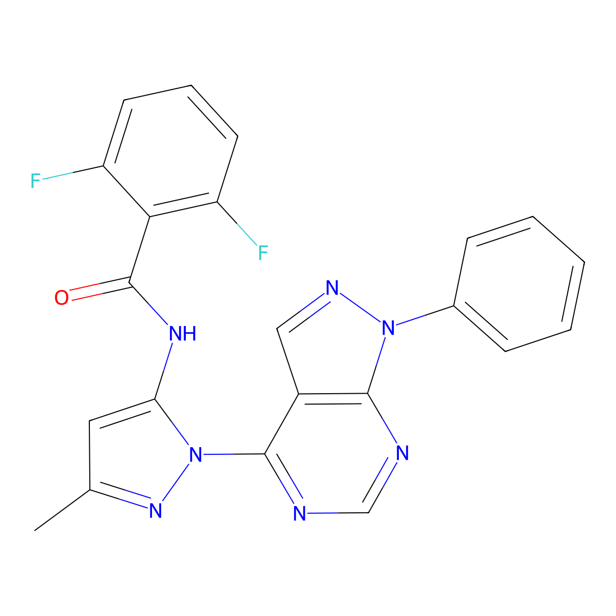 2,6-difluoro-N-(3-methyl-1-(1-phenyl-1H-pyrazolo[3,4-d]pyrimidin-4-yl)-1H-pyrazol-5-yl)benzamide molecular structure, CAS 1006304-10-4