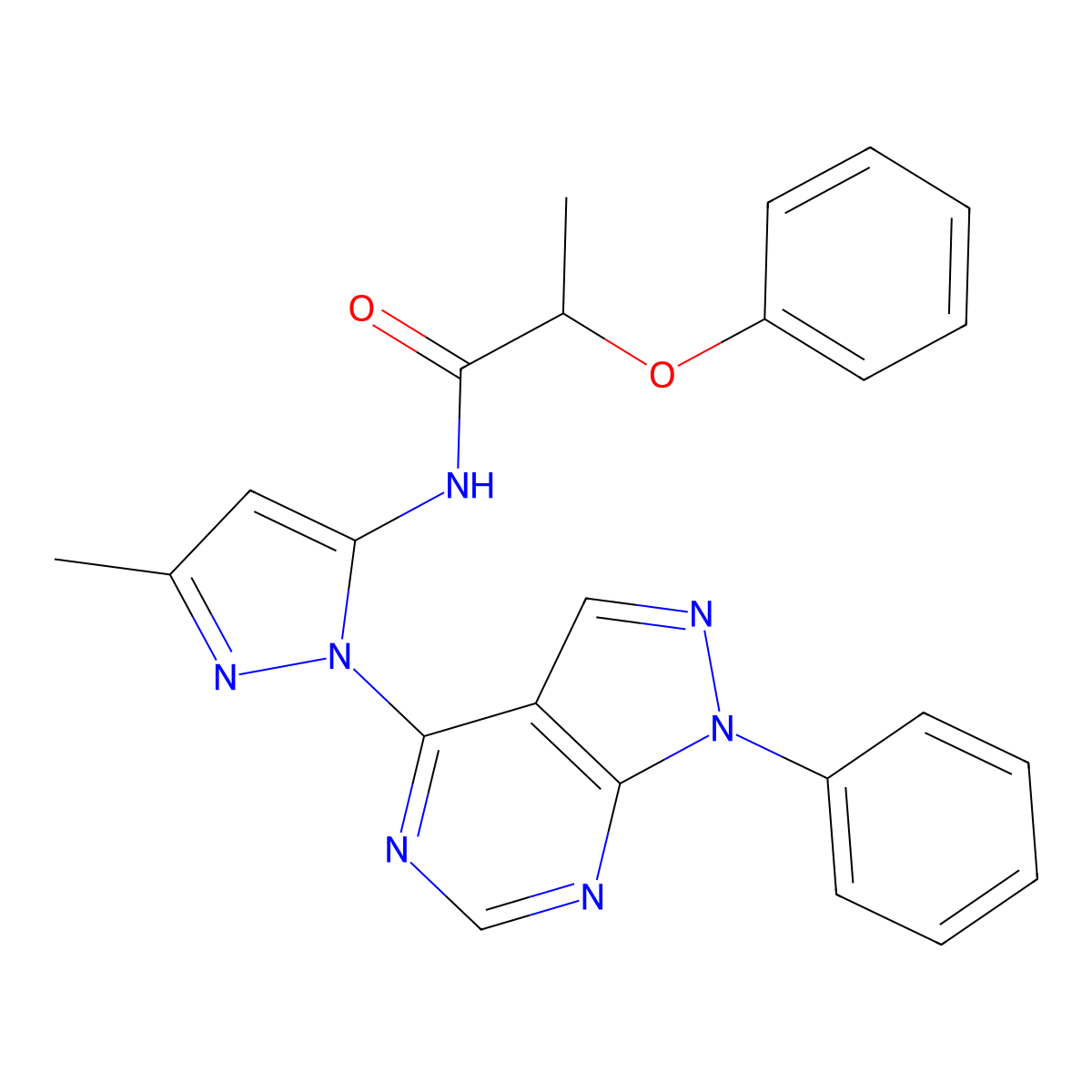 N-(3-methyl-1-(1-phenyl-1H-pyrazolo[3,4-d]pyrimidin-4-yl)-1H-pyrazol-5-yl)-2-phenoxypropanamide molecular structure, CAS 1006304-20-6