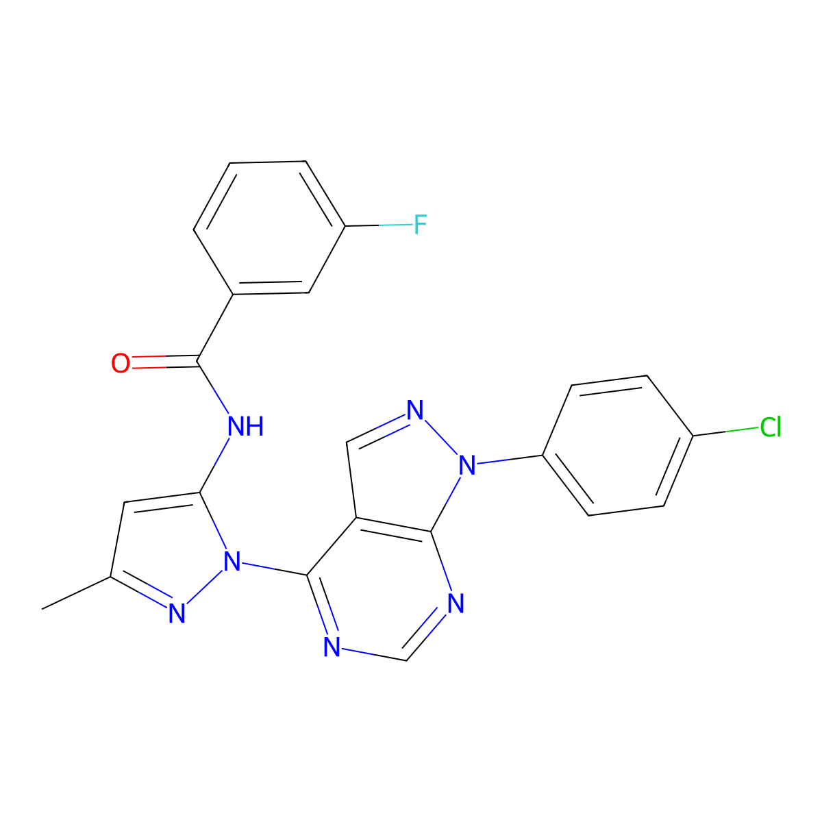 N-(1-(1-(4-chlorophenyl)-1H-pyrazolo[3,4-d]pyrimidin-4-yl)-3-methyl-1H-pyrazol-5-yl)-3-fluorobenzamide molecular structure, CAS 1006304-71-7