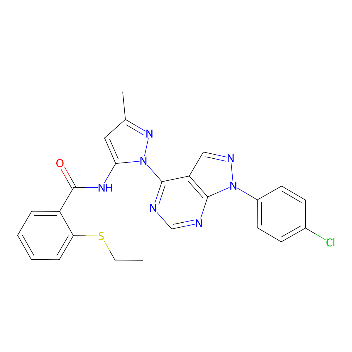 N-{1-[1-(4-chlorophenyl)-1H-pyrazolo[3,4-d]pyrimidin-4-yl]-3-methyl-1H-pyrazol-5-yl}-2-(ethylsulfanyl)benzamide molecular structure, CAS 1006305-14-1