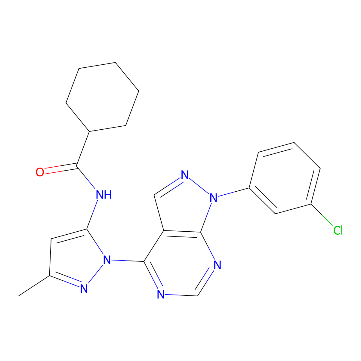 N-{1-[1-(3-chlorophenyl)-1H-pyrazolo[3,4-d]pyrimidin-4-yl]-3-methyl-1H-pyrazol-5-yl}cyclohexanecarboxamide molecular structure, CAS 1006305-30-1