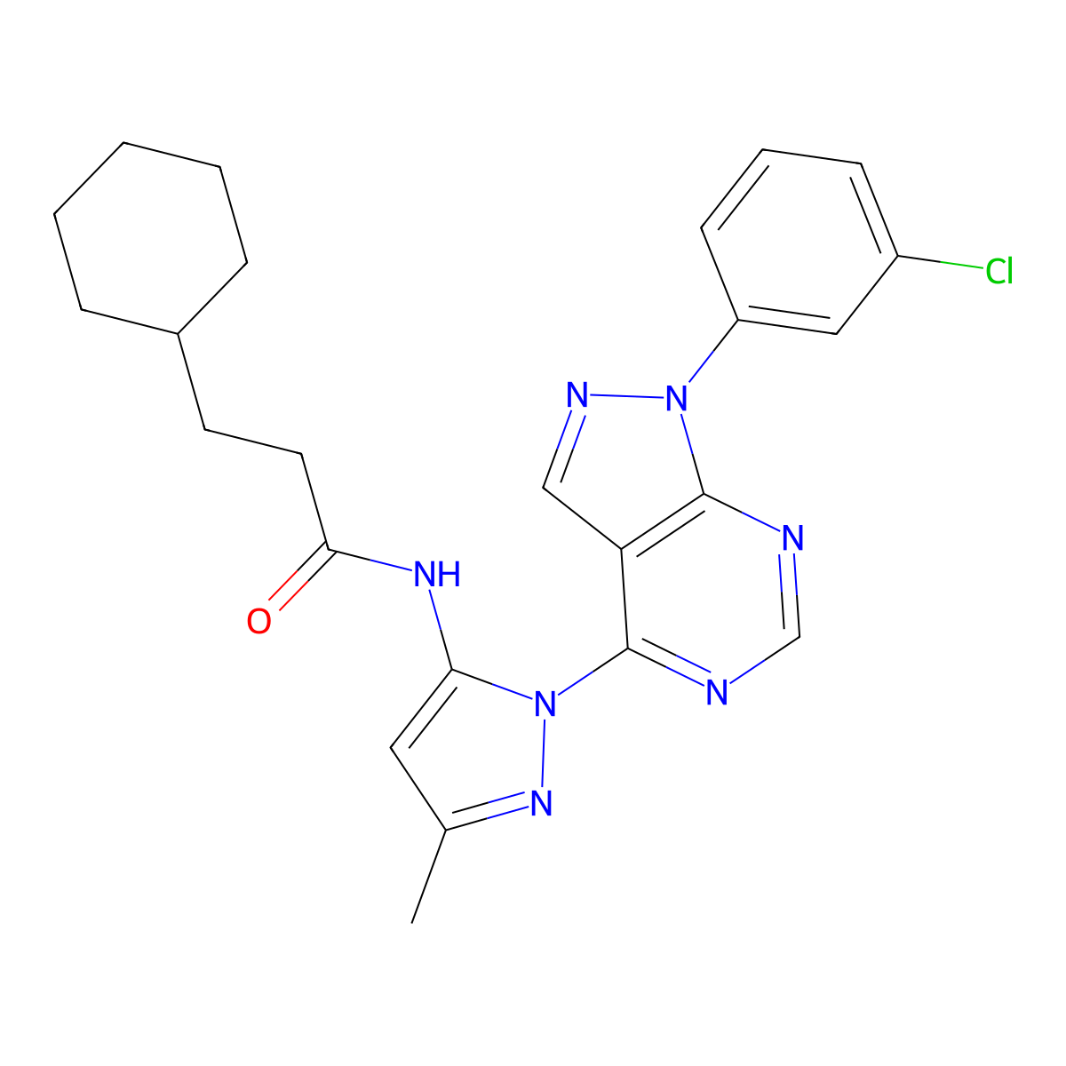 N-{1-[1-(3-chlorophenyl)-1H-pyrazolo[3,4-d]pyrimidin-4-yl]-3-methyl-1H-pyrazol-5-yl}-3-cyclohexylpropanamide molecular structure, CAS 1006305-34-5