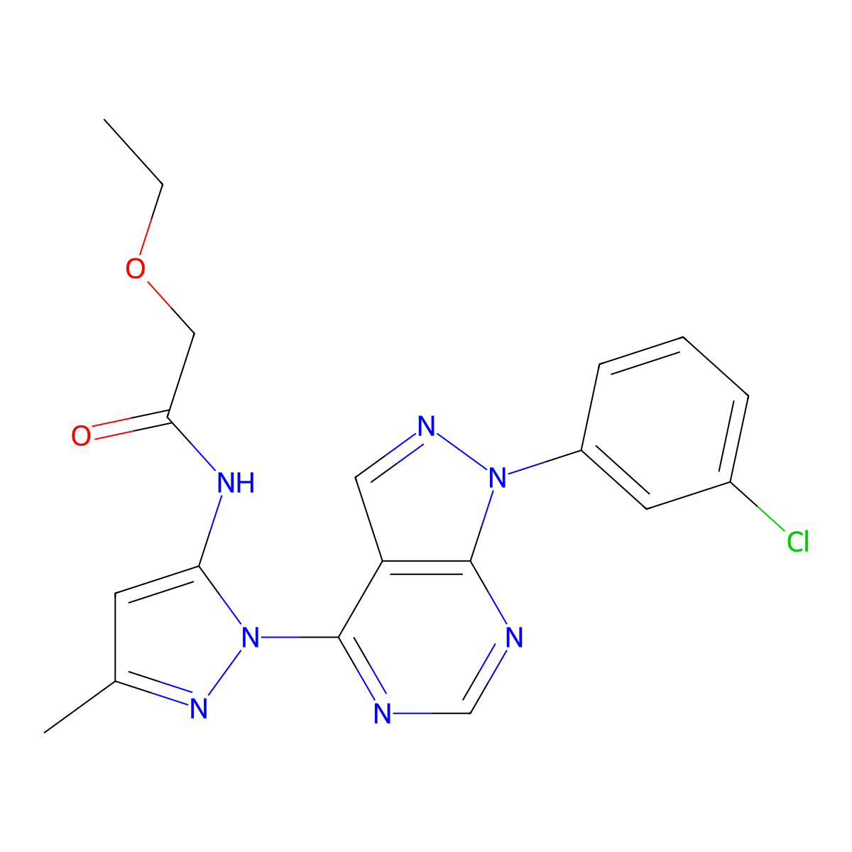 N-{1-[1-(3-chlorophenyl)-1H-pyrazolo[3,4-d]pyrimidin-4-yl]-3-methyl-1H-pyrazol-5-yl}-2-ethoxyacetamide molecular structure, CAS 1006305-38-9