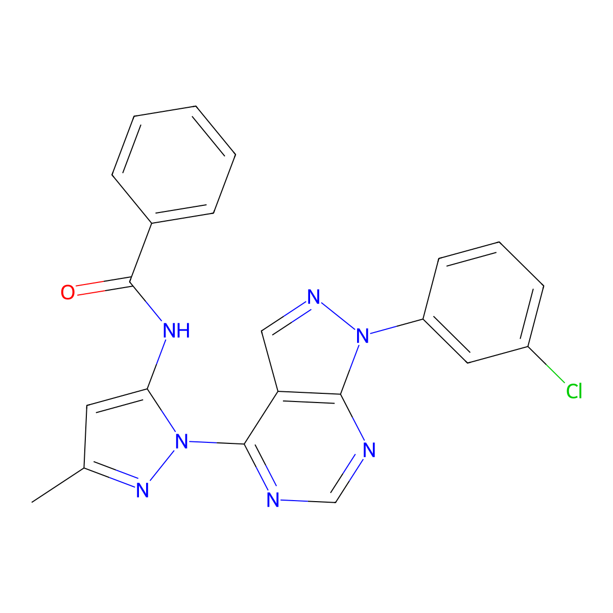 N-(1-(1-(3-chlorophenyl)-1H-pyrazolo[3,4-d]pyrimidin-4-yl)-3-methyl-1H-pyrazol-5-yl)benzamide molecular structure, CAS 1006305-46-9