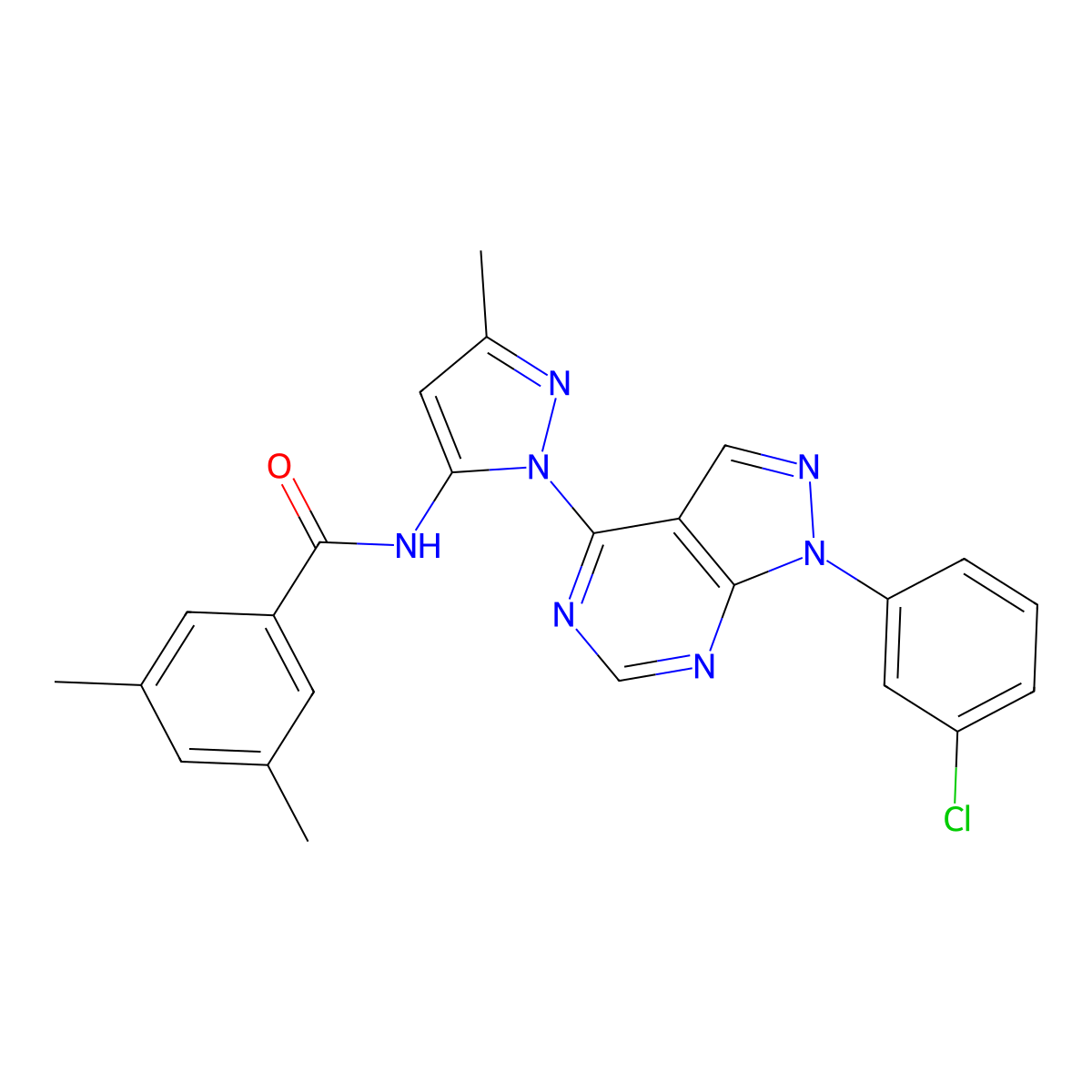 N-{1-[1-(3-chlorophenyl)-1H-pyrazolo[3,4-d]pyrimidin-4-yl]-3-methyl-1H-pyrazol-5-yl}-3,5-dimethylbenzamide molecular structure, CAS 1006305-50-5