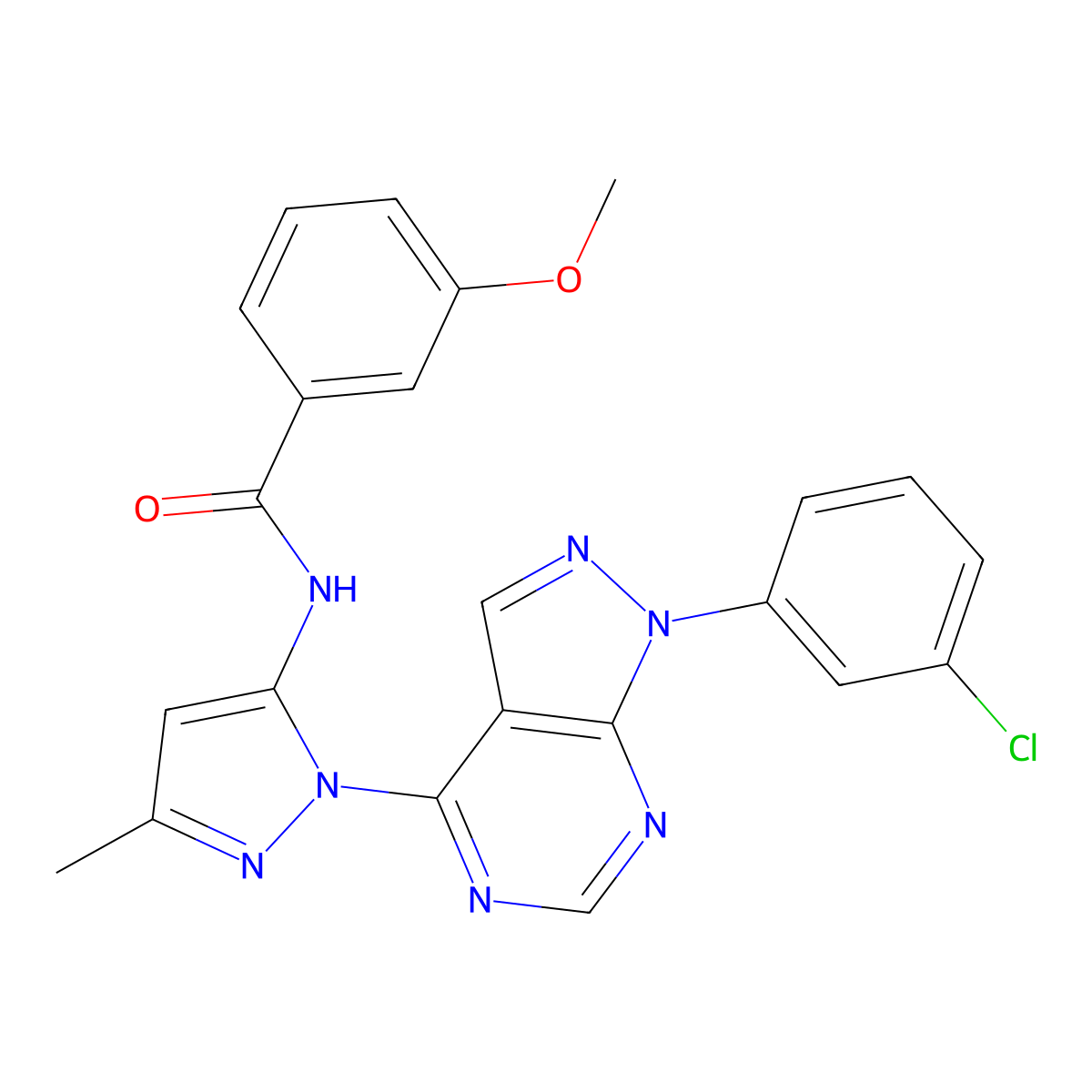 N-{1-[1-(3-chlorophenyl)-1H-pyrazolo[3,4-d]pyrimidin-4-yl]-3-methyl-1H-pyrazol-5-yl}-3-methoxybenzamide molecular structure, CAS 1006305-54-9