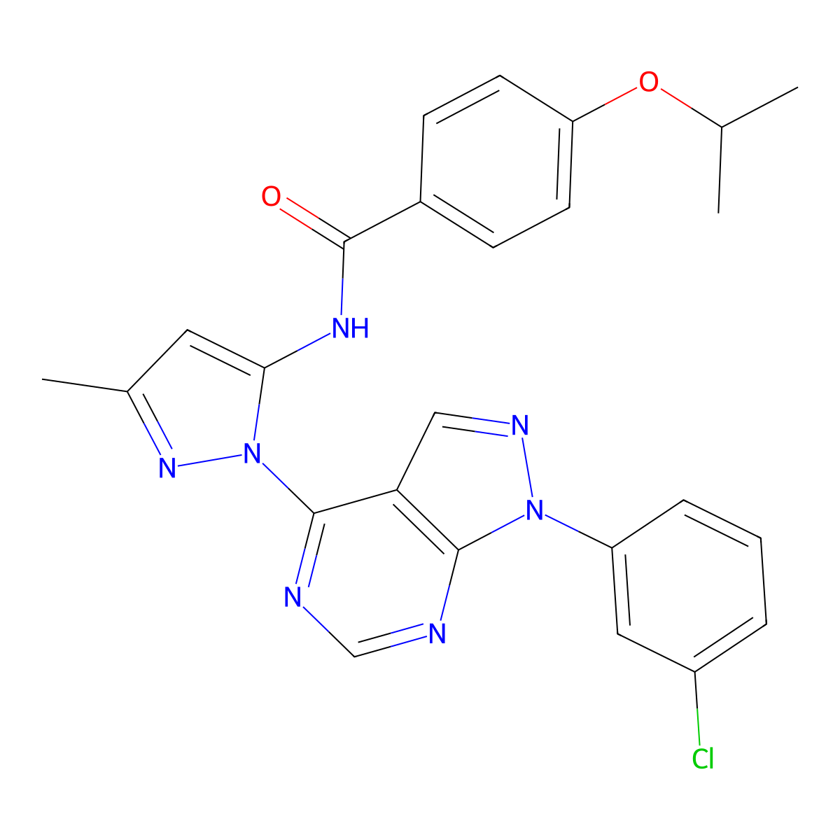 N-{1-[1-(3-chlorophenyl)-1H-pyrazolo[3,4-d]pyrimidin-4-yl]-3-methyl-1H-pyrazol-5-yl}-4-(propan-2-yloxy)benzamide molecular structure, CAS 1006305-58-3